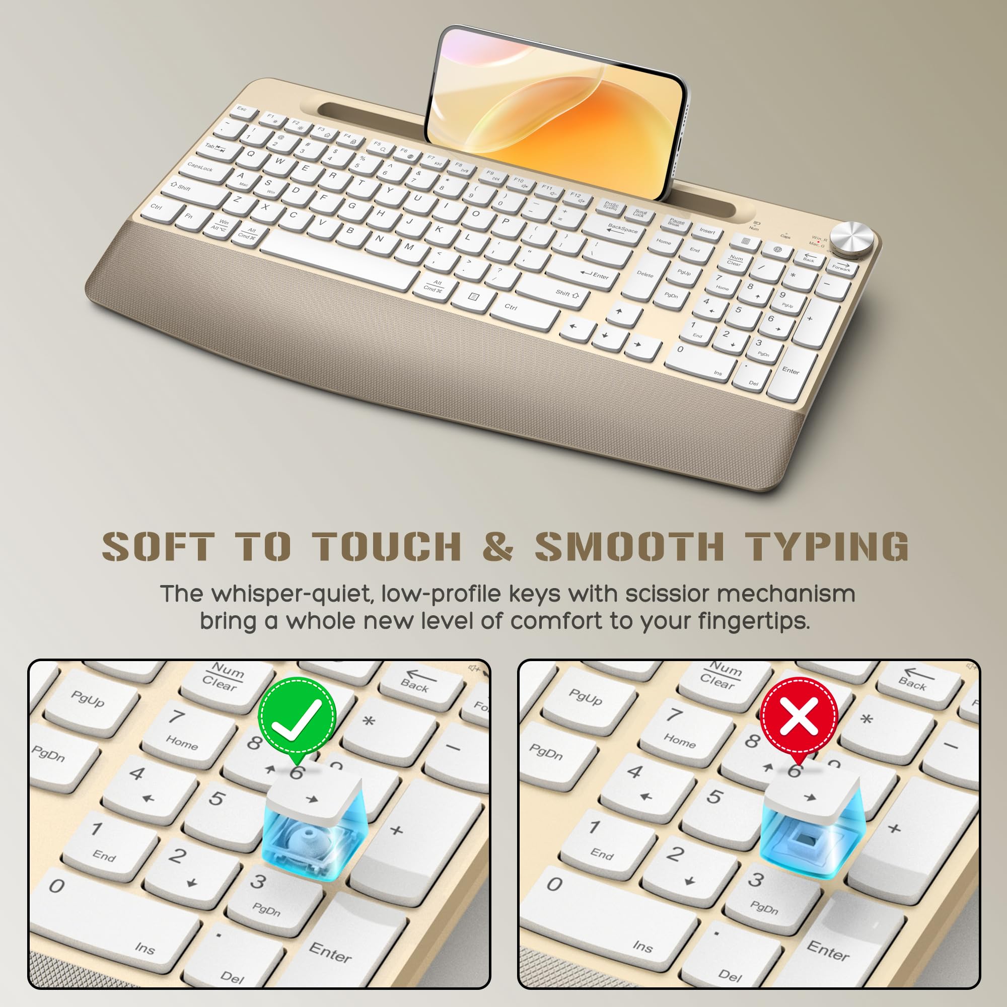 JOYACCESS Ergonomic Wireless Keyboard and Mouse Combo, Full-Sized Keyboard with Wrist Rest and Tablet Holder, Volume Roller for Computer PC Laptop-Gold&White 4