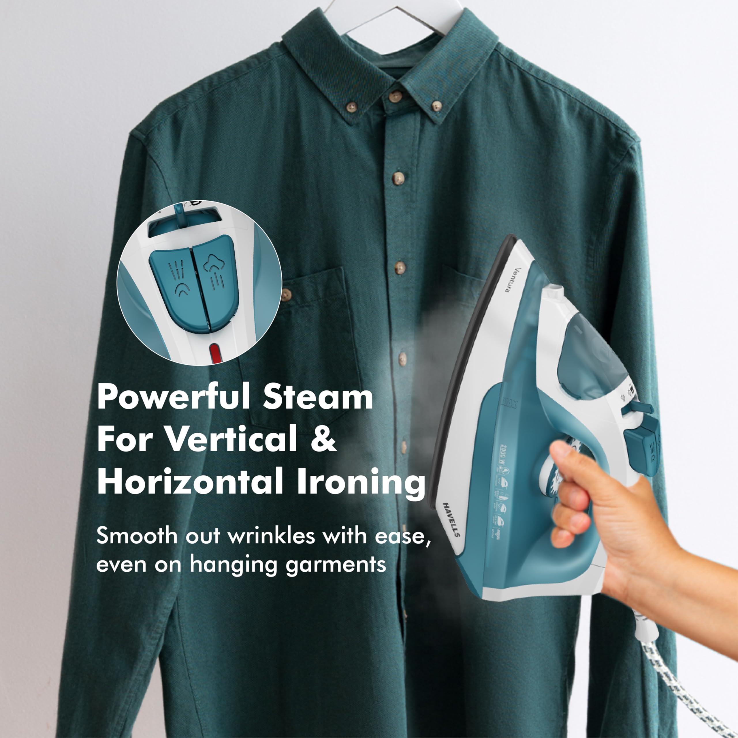 Havells Ventura 2000 Watt Steam Iron with Self Cleaning Function|Vertical & Horizontal Ironing|220 ml Tank for Longer Ironing|High Steaming Rate upto 15 gm/min|2Yr Manufacturer Warranty(Turquoise) 4