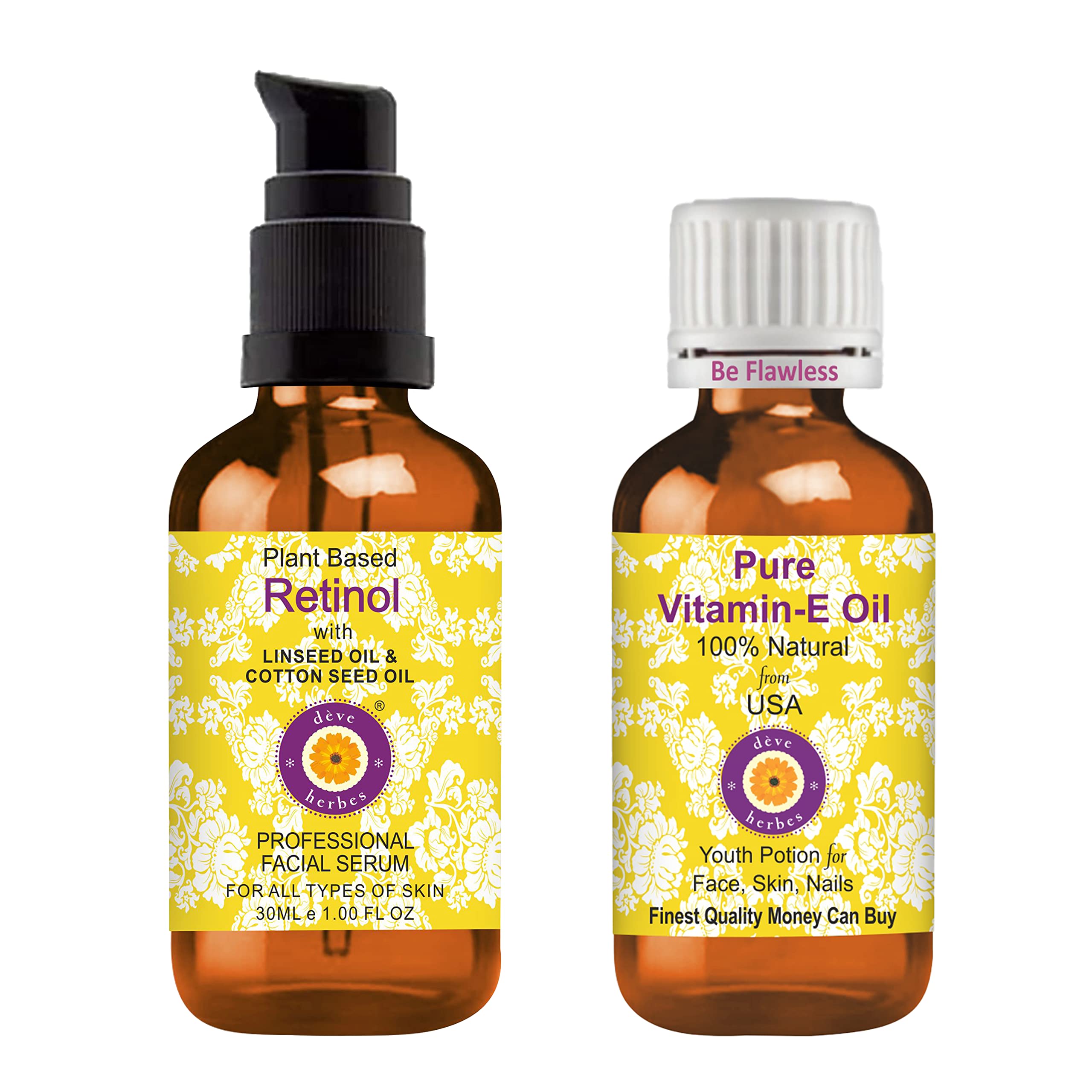 Deve Herbes Plant Based Retinol Face Serum with Bakuchi Oil, Linseed, Cotton Seed Oil & Liquorice Root Extract for Personal Care 30ml (1 oz) + Pure Vitamin E Oil 30ml (1 oz) 1