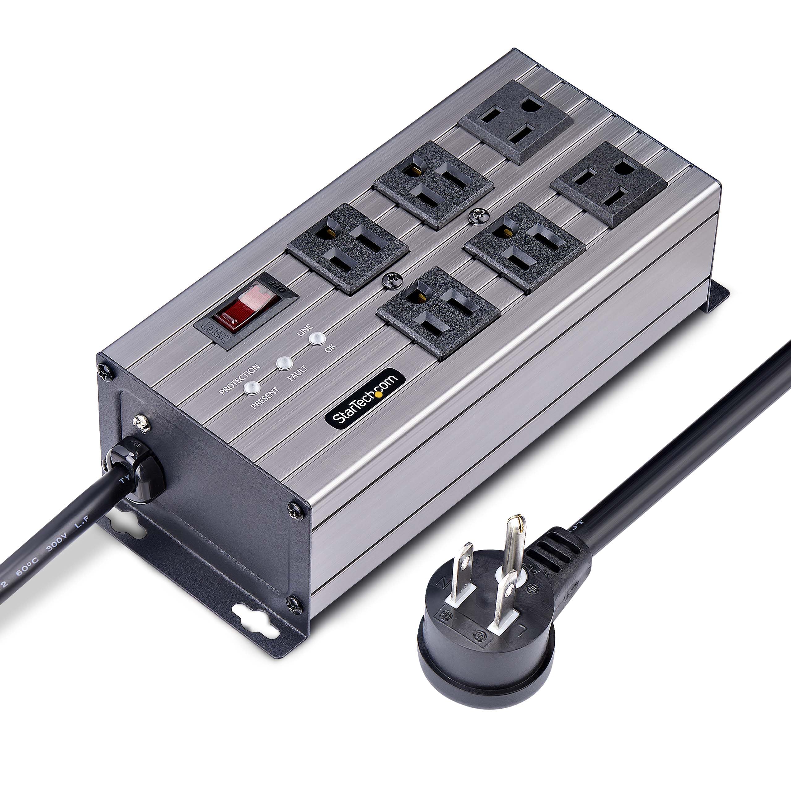StarTech.com Flat Plug 6-Outlet Heavy Duty Industrial Power Strip 125V/15A with Surge Protector, EMI/RFI Isolation, Mountable PDU, 8ft/2.4m Extension Power Cord, NEMA 5-15P/R, TAA 1
