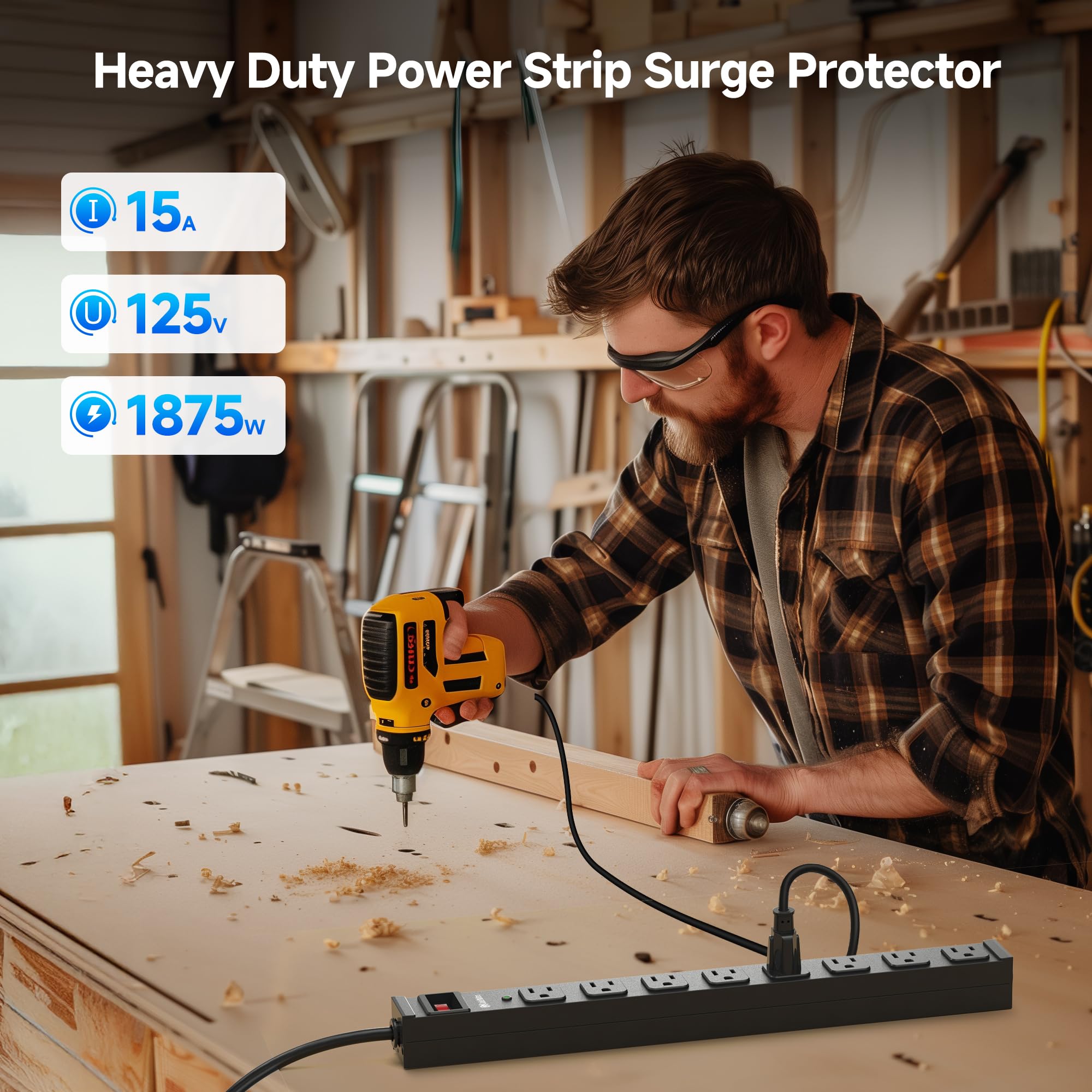 [ETL Certified] Cable Matters Wall-Mountable 8 Outlet Power Strip - 8ft Cord, Metal, 2100J Surge Protector with 15A Circuit Breaker, Industrial Power Strip Surge Protector for Garage, Workshop, Black 3