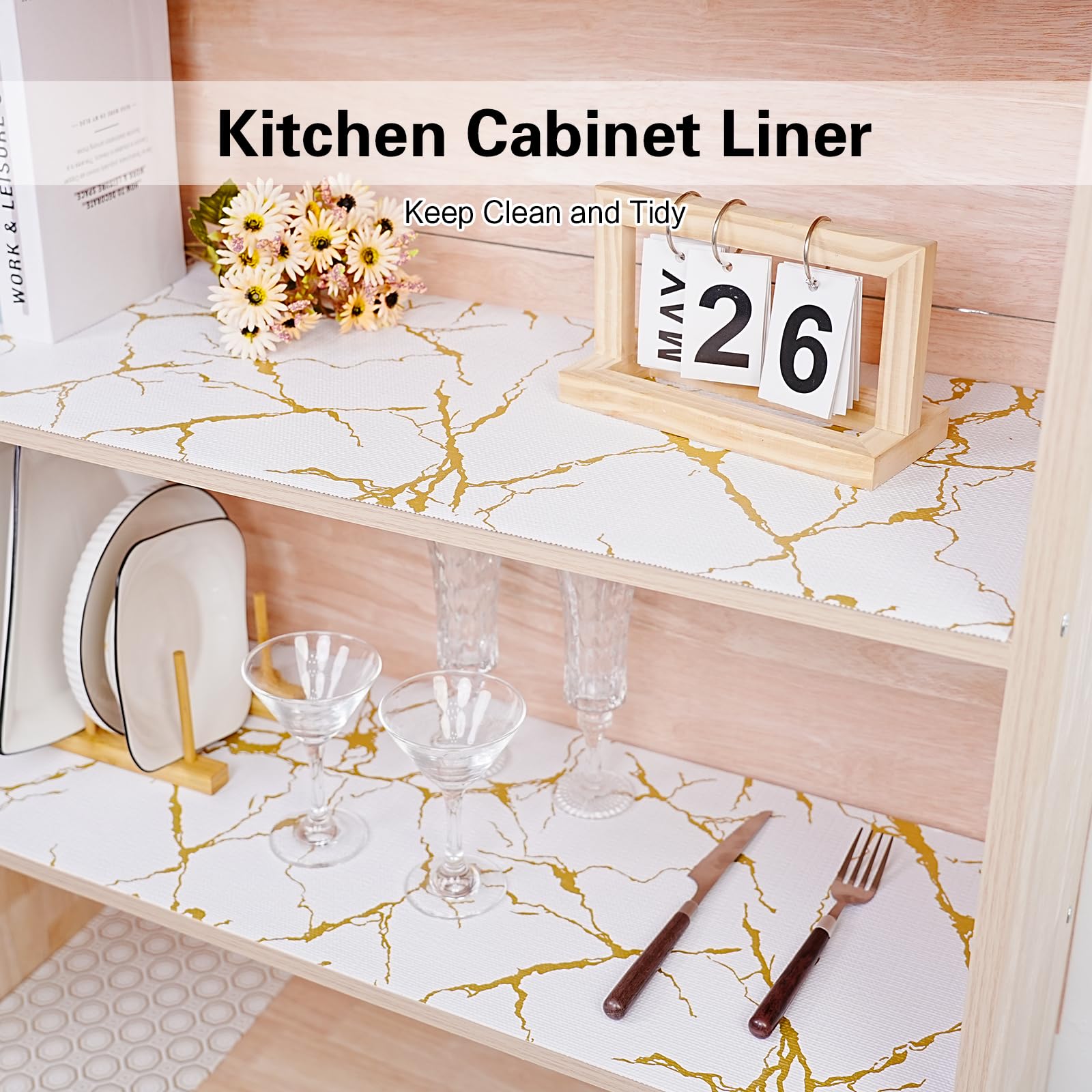 Drawer and Shelf Liner for Kitchen Cabinet,Non-Adhesive Cabinet Liner 24in x 30FT,Waterproof Shelf Paper Non-Slip Mats Cupboard Liners Contact Protect Dresser/Shelves/Table-Gold Marble 6