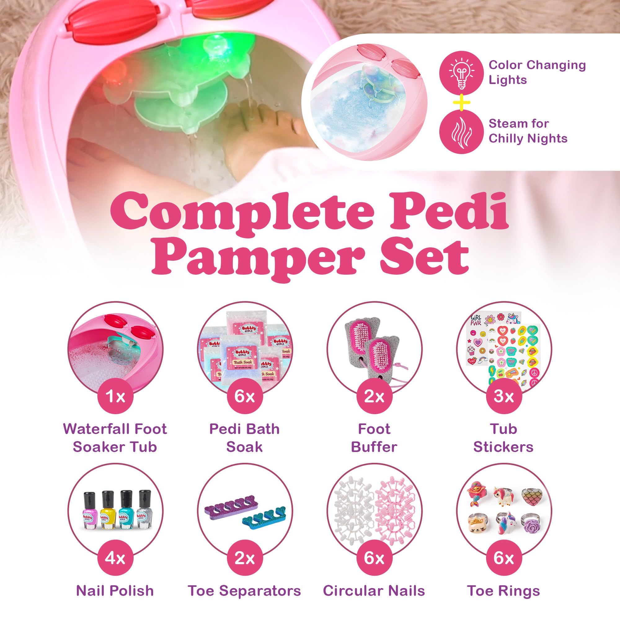Kids Spa Day Kit for Girls - 42+ Piece Set with Waterfall Foot Spa - Perfect Spa Kit for Girls Ages 5+, Fun Pedicure and Party Supplies, Ideal for Girls Ages 6 7 8 9 10-12, Christmas Gifts For Girls 5