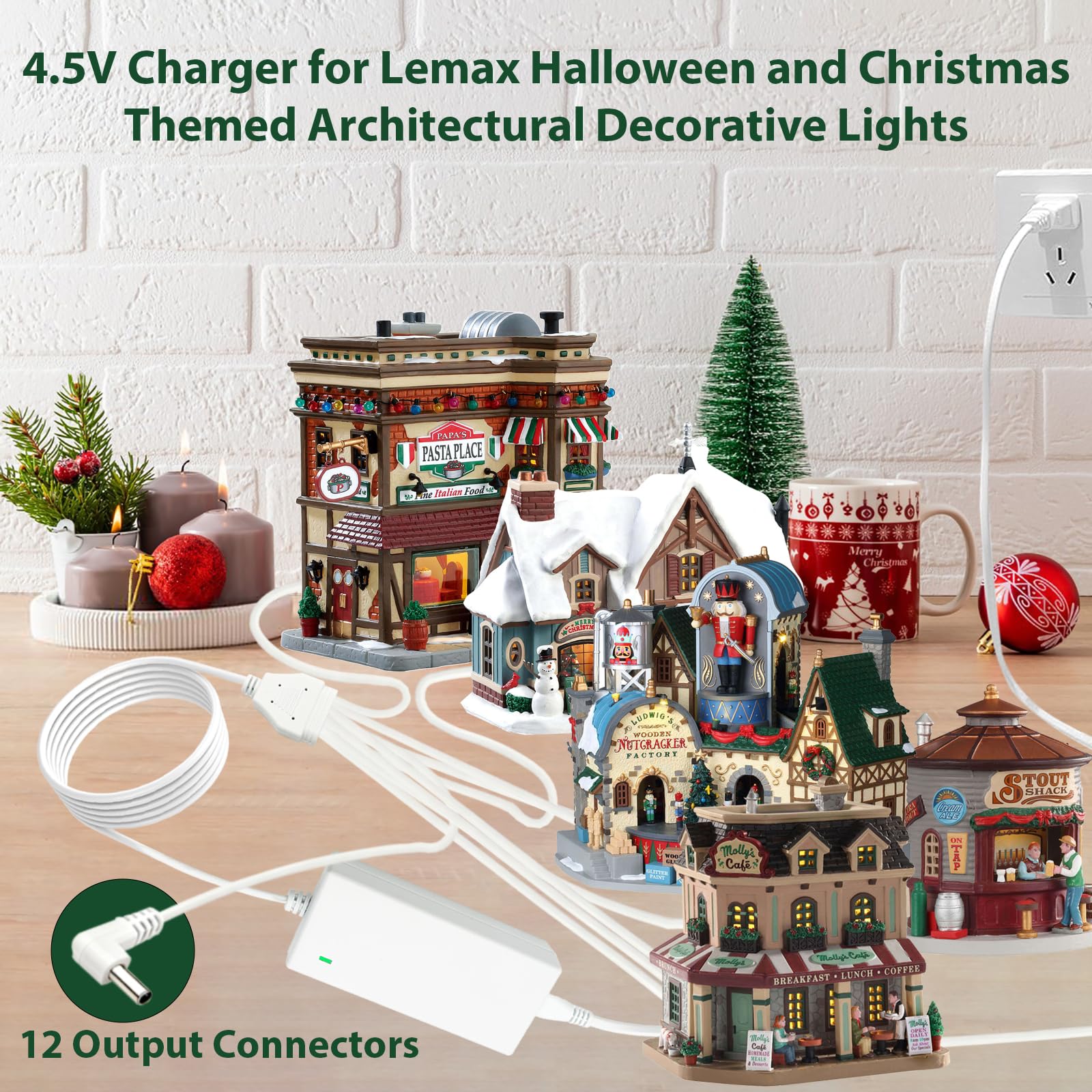 4.5V Power Adapter for Lemax Lighted Accessory 94566 94563 94564 94565 74295 74269 74707 84428 44242 Christmas Halloween Village Lights Micro Lighting Building Decor(12 Output White) 4