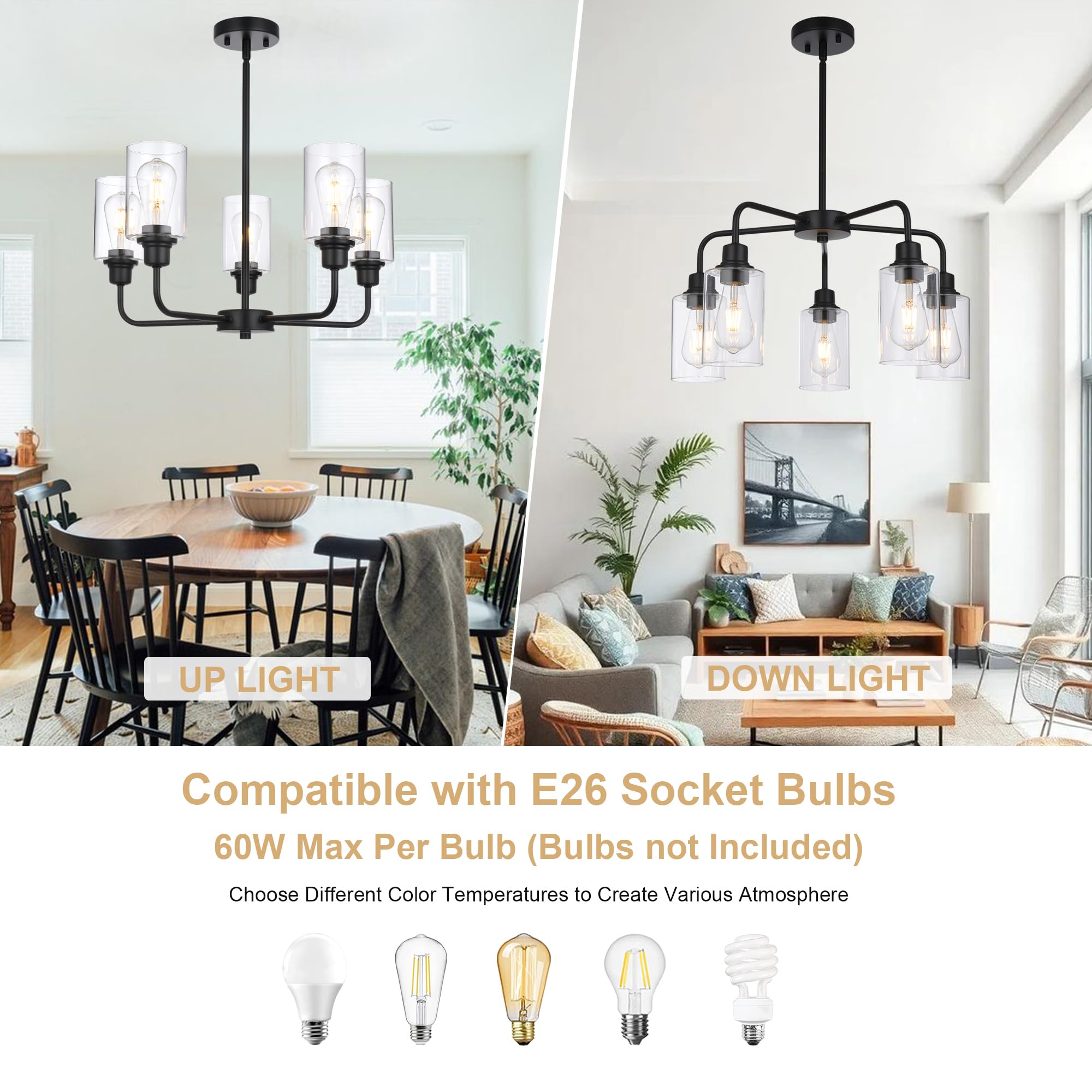 VINLUZ 5-Light Classic Black Dining Room Light Fixture, Modern Industrial Hanging Chandeliers with Clear Cylinder Glass Shades, Pendant Light Fixtures for Living Room, Kitchen, Foyer, Hallway 6