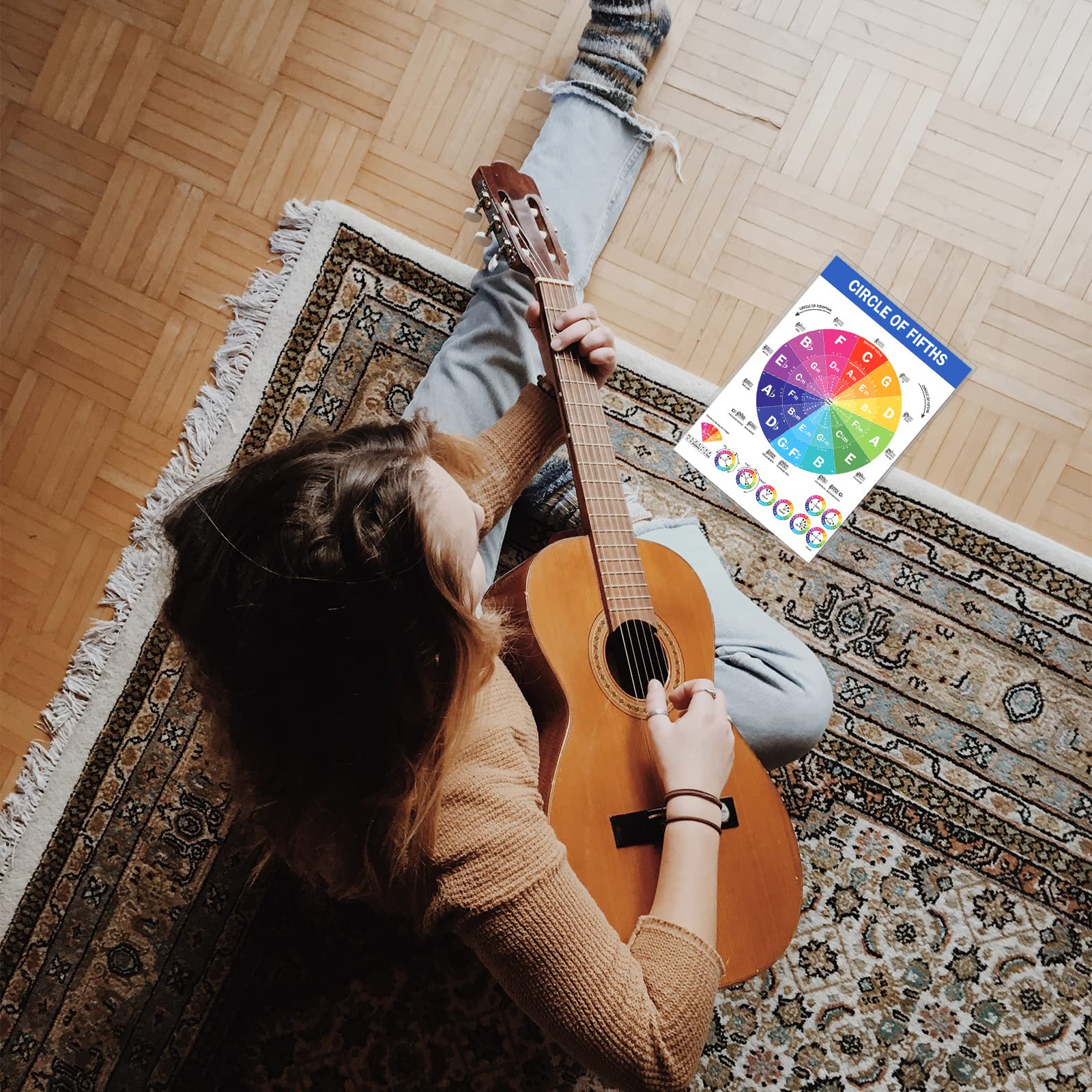 Guitar Chord Poster, 8 x 11 Inch Laminated Guitar Chord Chart Circle of Fifths Chart Guitar Cheat Sheet Large Print Guitar Chord Chart for Beginners Music Theory Guitar Learning 6