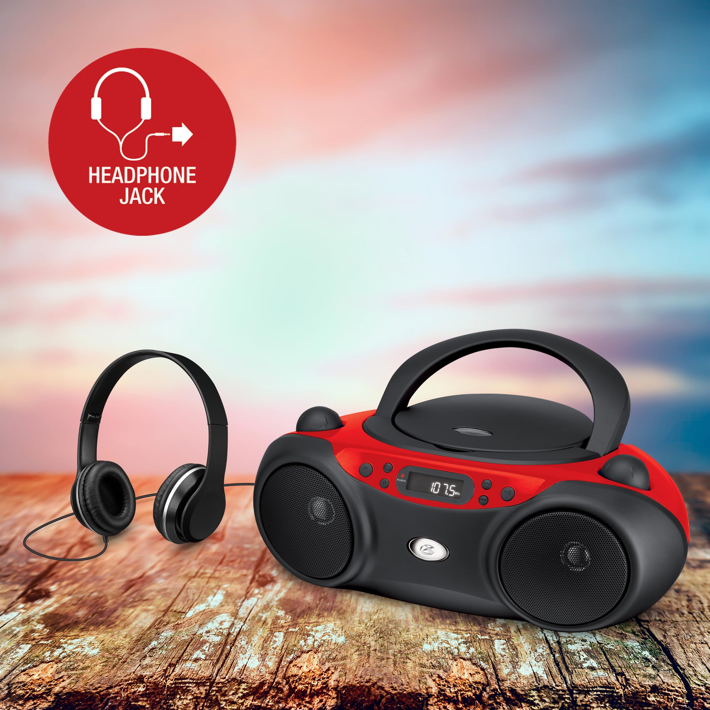 GPX BC232R Portable Top-Loading CD Boombox with AM/FM Radio and 3.5mm Line in for MP3 Device - Red/Black 3