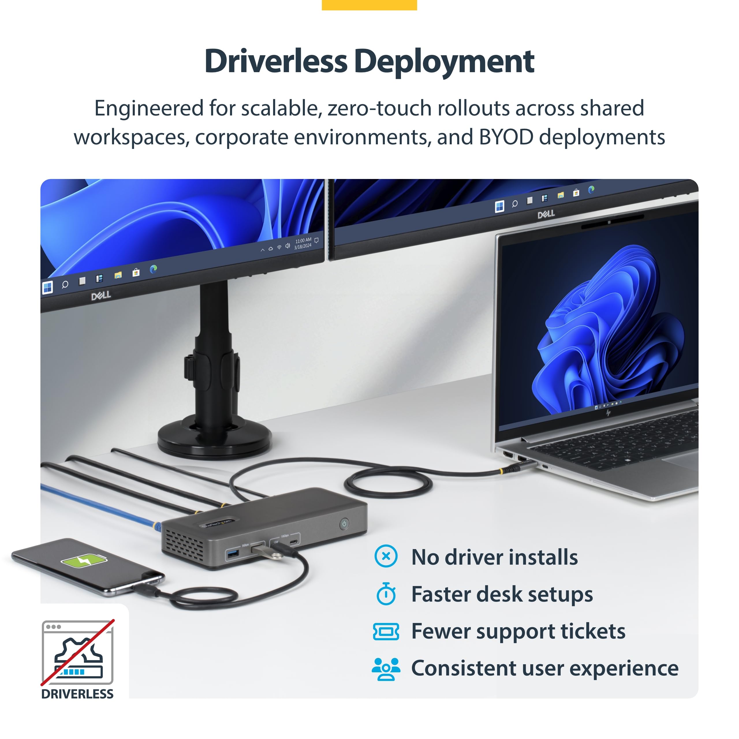 StarTech USB-C Docking Station for Dual Monitors, Dual 4K 60Hz HDMI, 100W Power Delivery Charging, 6 USB Ports (10Gbps), Gigabit Ethernet, Driverless DP Alt Mode Windows Laptop Dock (196N-USBC-DOCK) 6