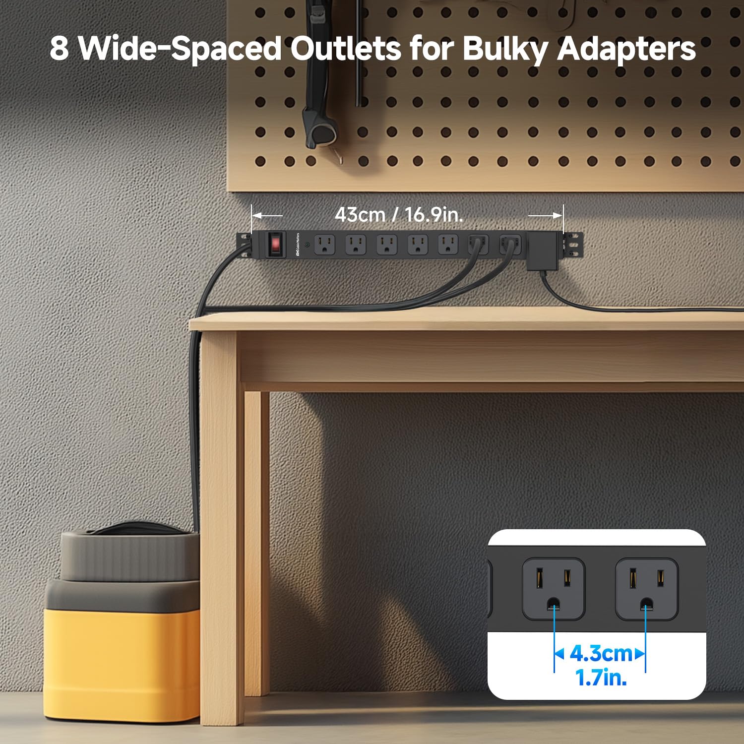 [ETL Certified] Cable Matters Wall-Mountable 8 Outlet Power Strip - 8ft Cord, Metal, 2100J Surge Protector with 15A Circuit Breaker, Industrial Power Strip Surge Protector for Garage, Workshop, Black 5
