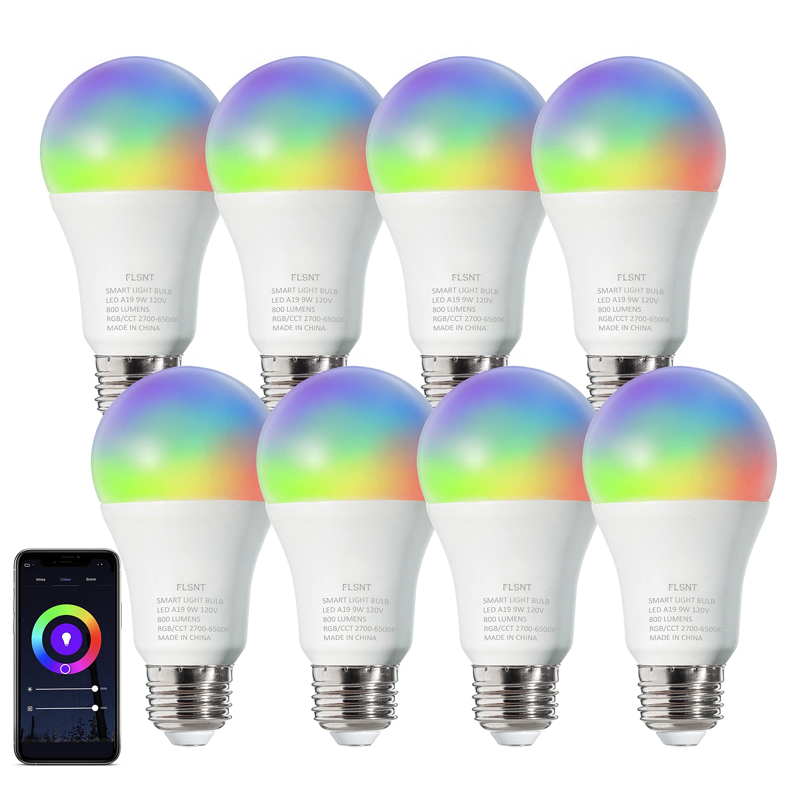 LED Smart Bulbs, Color-Changing Light, 2700K-6500K RGBW, Compatible with Alexa & Google Home, 2.4G WiFi Bulbs, 9W, E26 Base, A19, 8 Pack 1