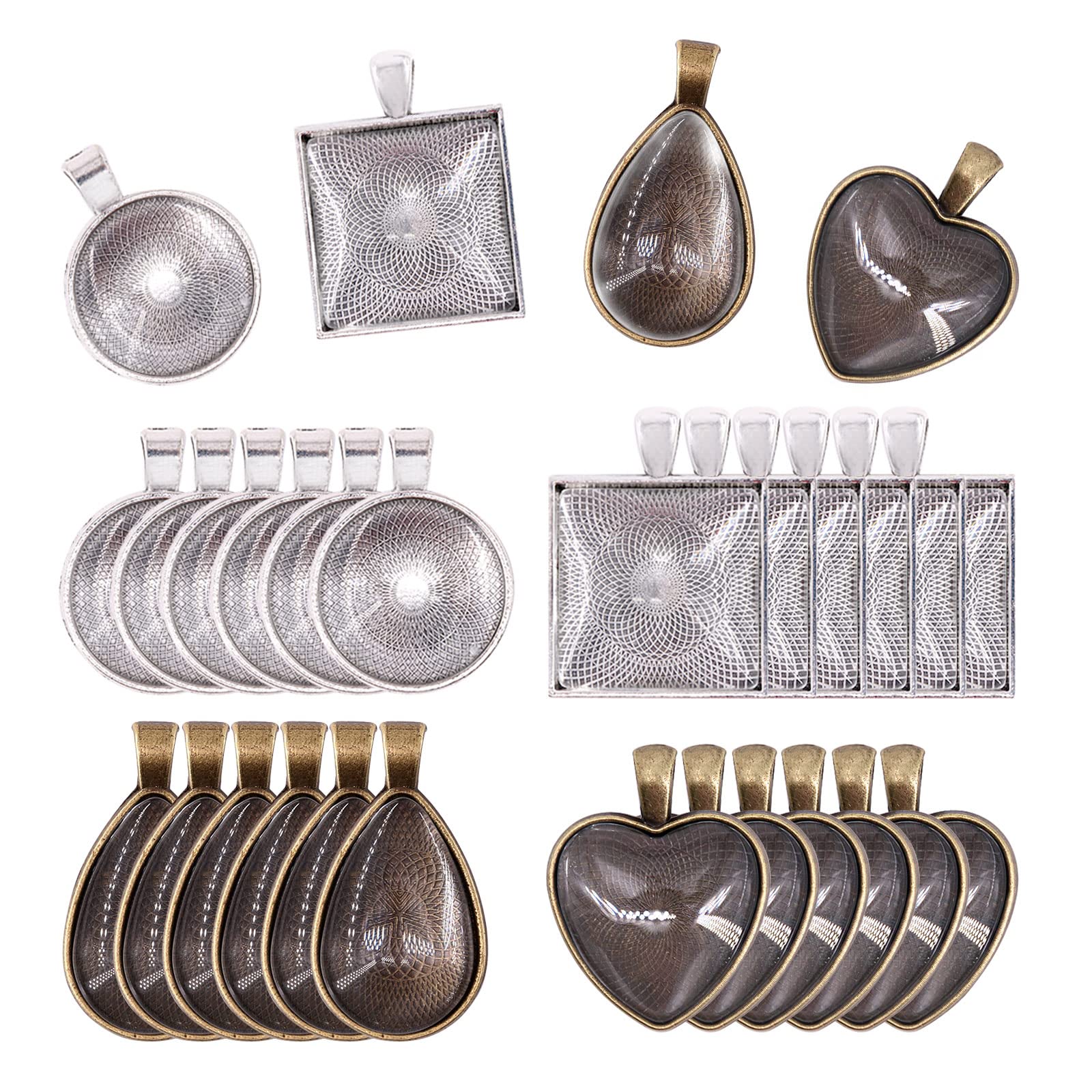 Glarks 48-Pieces 4 Styles Pendant Trays 24pcs Round & Square & Heart & Teardrop and 24pcs Bright Glass Cabochon Dome Tiles for Crafting DIY Jewelry Gift Making 1