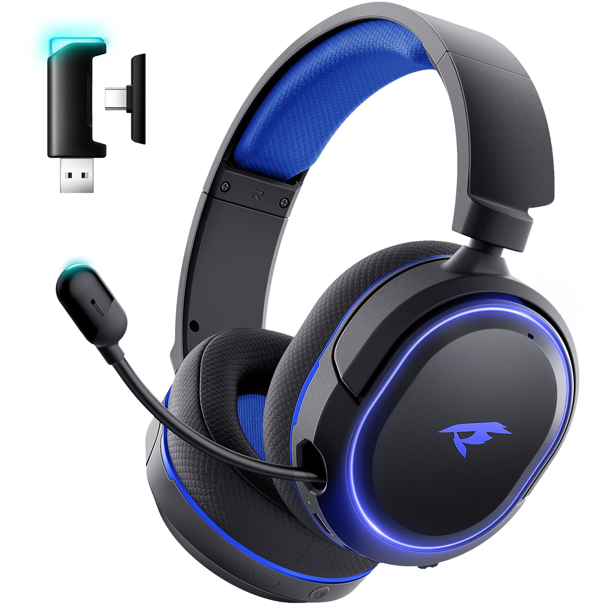 Wireless Gaming Headset, 7.1 Surround Sound, 2.4GHz USB Gaming Headphones with Bluetooth 5.4, 100H Battery, ENC Noise Canceling Mic, RGB Light, Wireless Headset for PC PS5 PS4 Mac Switch (Black-Blue) 1