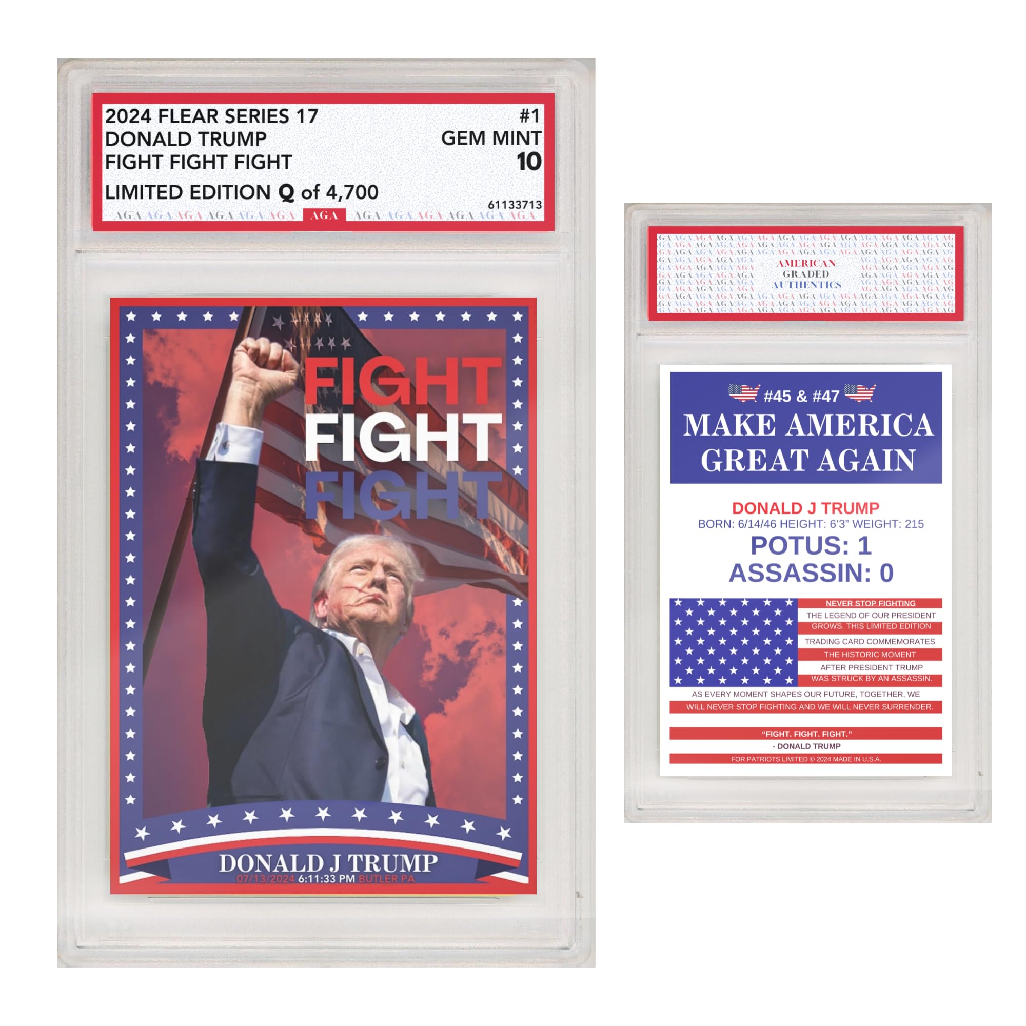 Fight! Assassination President Donald Trump Trading Card 2024 | MAGA Patriot Election Donald Trump Graded Gem Mint Collectible Gifts GOP Made in America Gifts, Trump Memorabilia Limited Edition 5