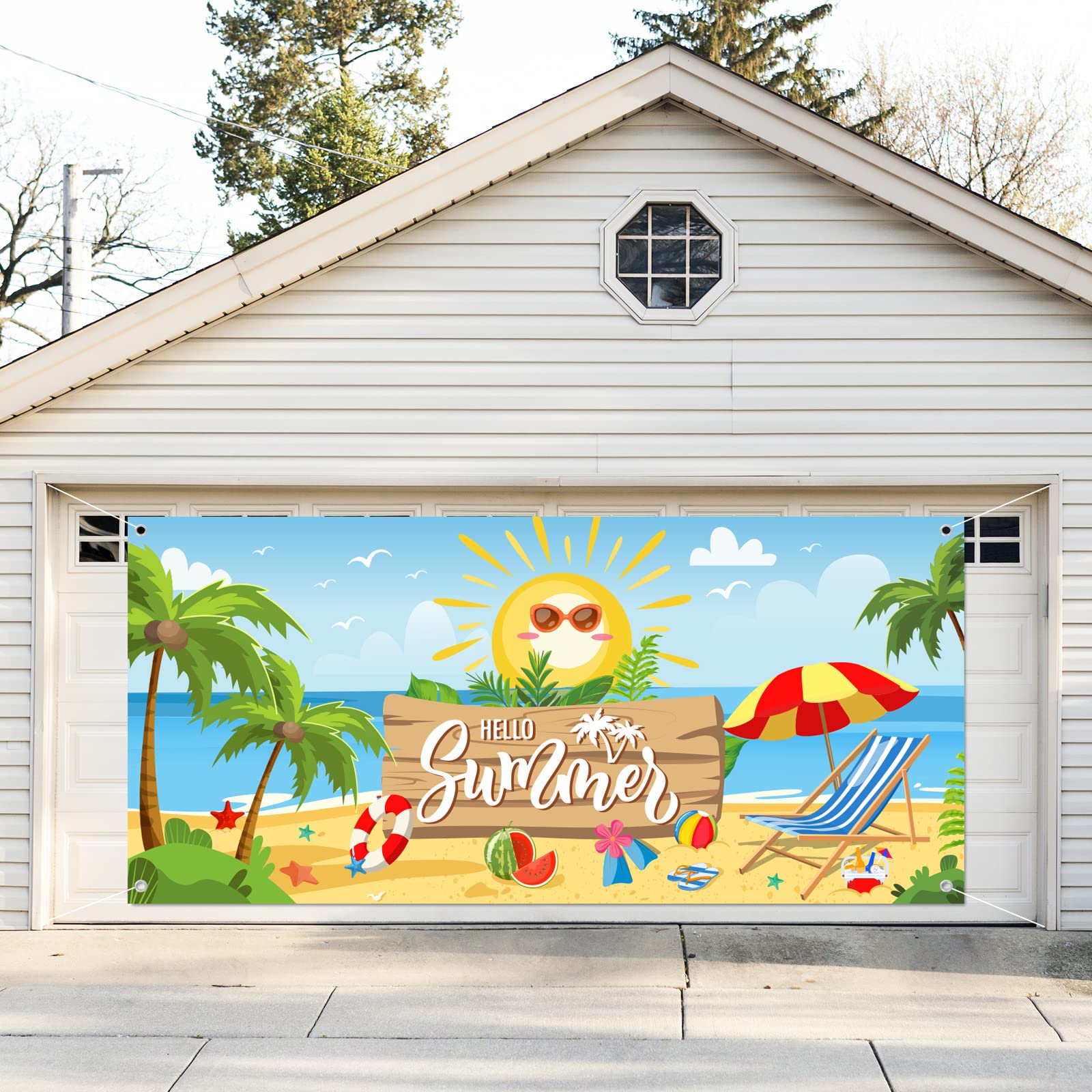 Whaline Hello Summer Garage Door Banner Beach Scenery Garage Door Cover 6x13Ft Summer Backdrop Decoration for Hawaiian Pool Party Indoor Outdoor Wall Door House Background Decor 6