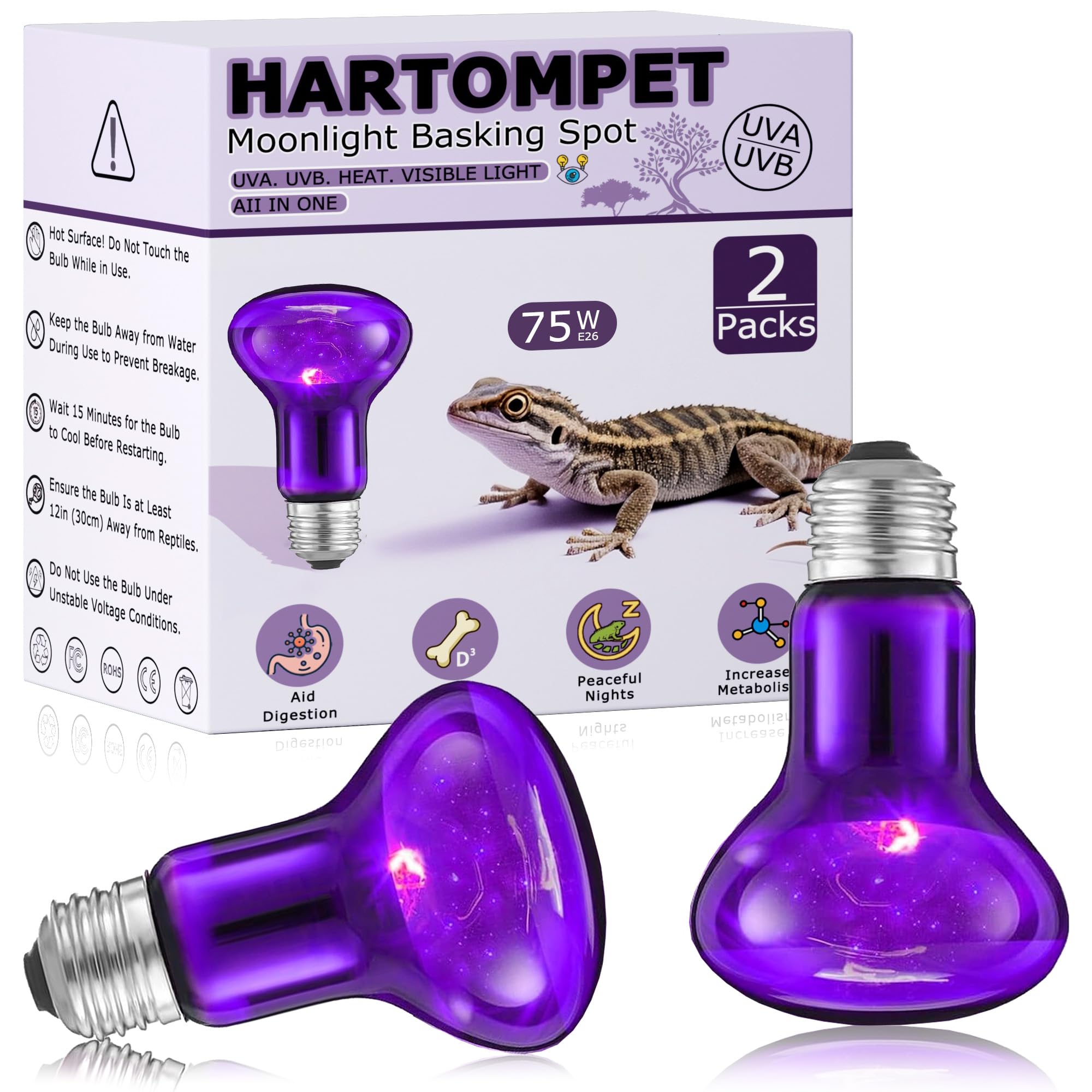 HARTOMPET 75W Reptile Night Light Bulb – Purple Basking Spot Lamp with Simulated Moonlight for Lizards, Chameleons, Snakes, Turtles, Amphibians – UVA Heat Light – 2 Pack | 3.2" 1