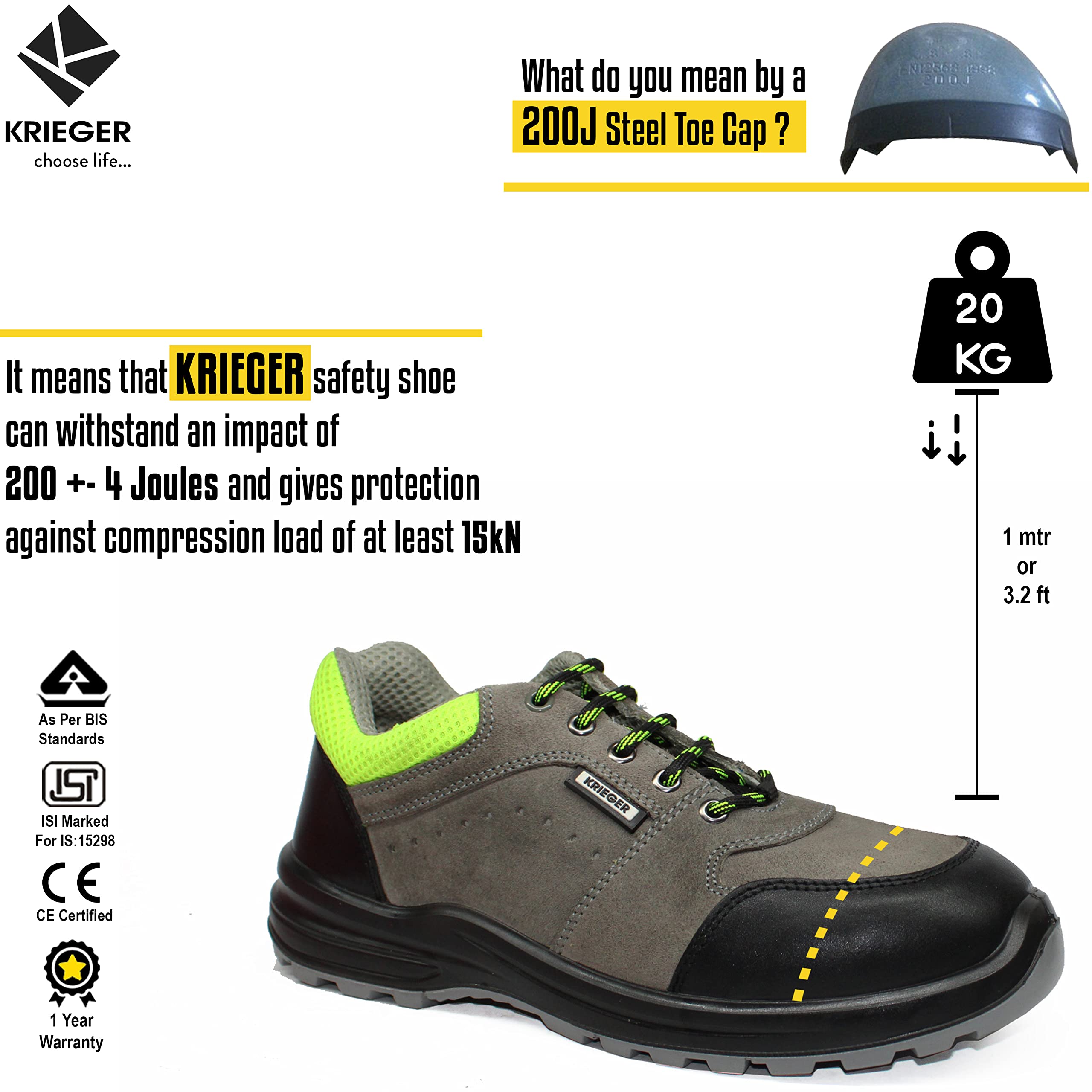 Krieger KR 2002 High Performance Safety Shoe with Anti-Fatigue insocks, Anti-Skid, Heat, Water, Oil & Acid Resistant, 200J Steel Toe Cap, ISI Marked, CE Certified, BIS Approved, Size 10 India/UK Grey 5