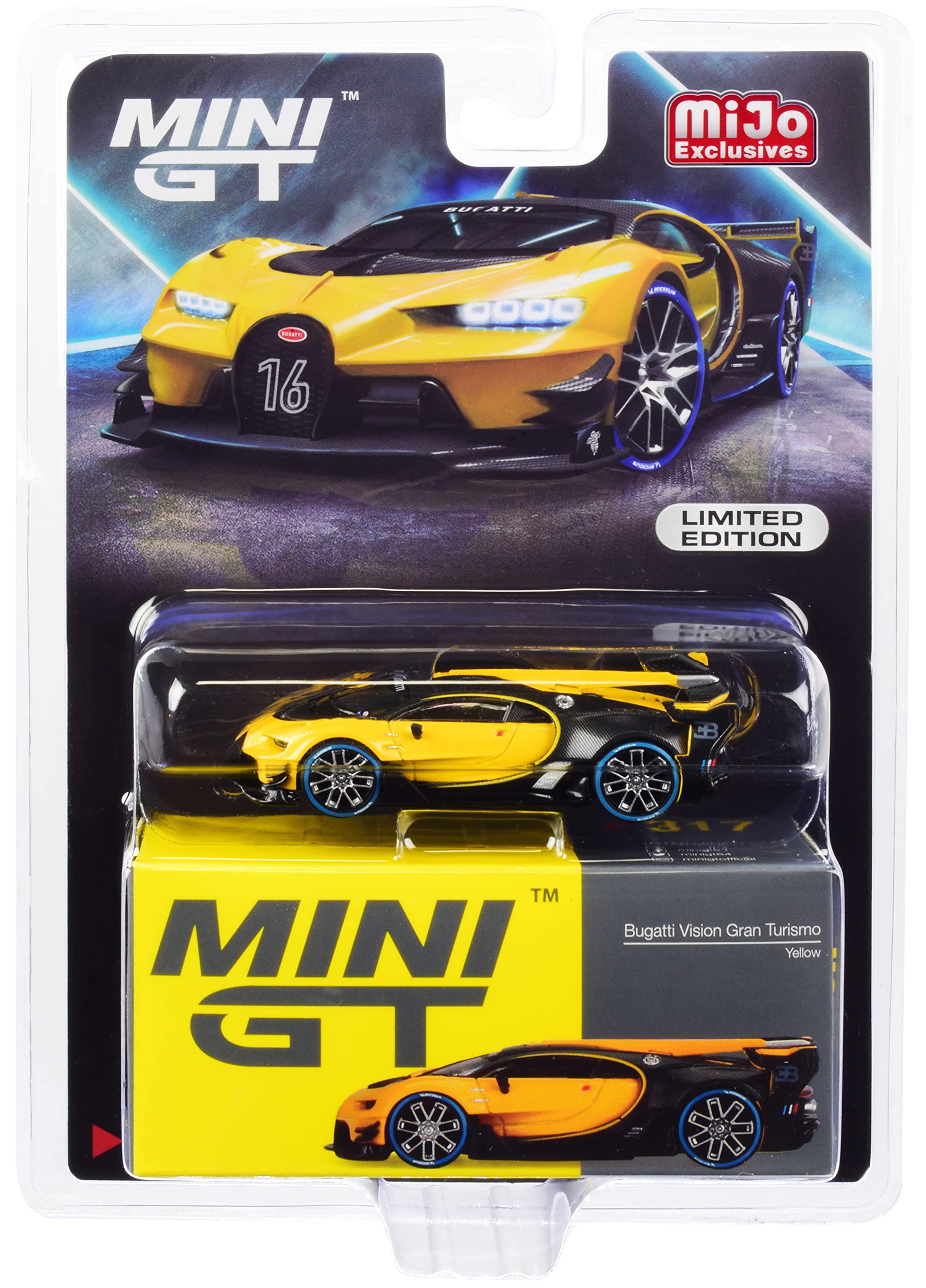 MINI GT Bugatti Vision Gran Turismo Yellow and Carbon 1/64 Diecast Model Car by True Scale Miniatures MGT00317 1