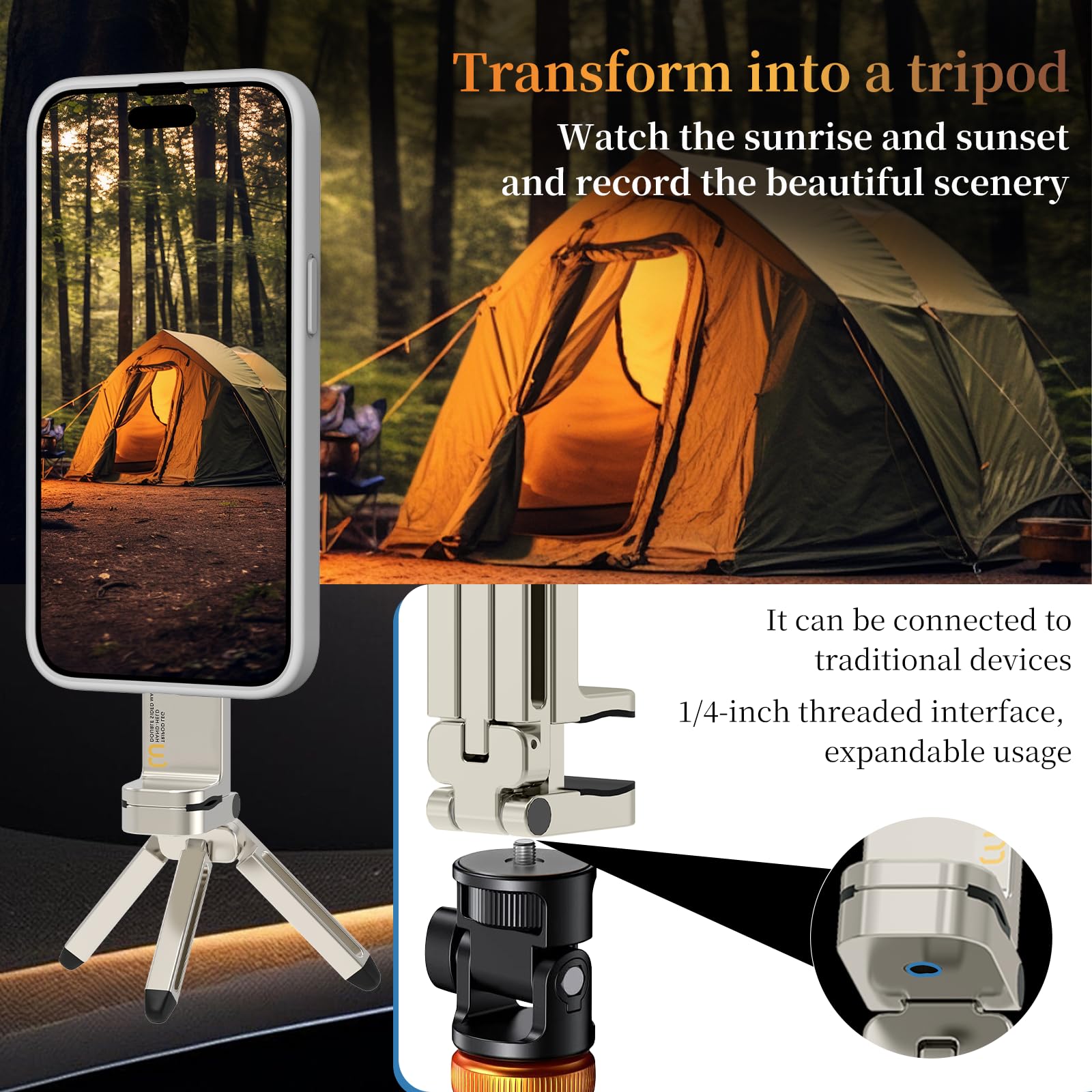 Hualele Magnetic Phone Tripod Stand for Magsafe Accessories - Mini Pocket Cell Phone Stand Strong Quick Mount Phone Holder Travel Essentials for Cell Phone Video Recording Camera Mounts, Silver 4