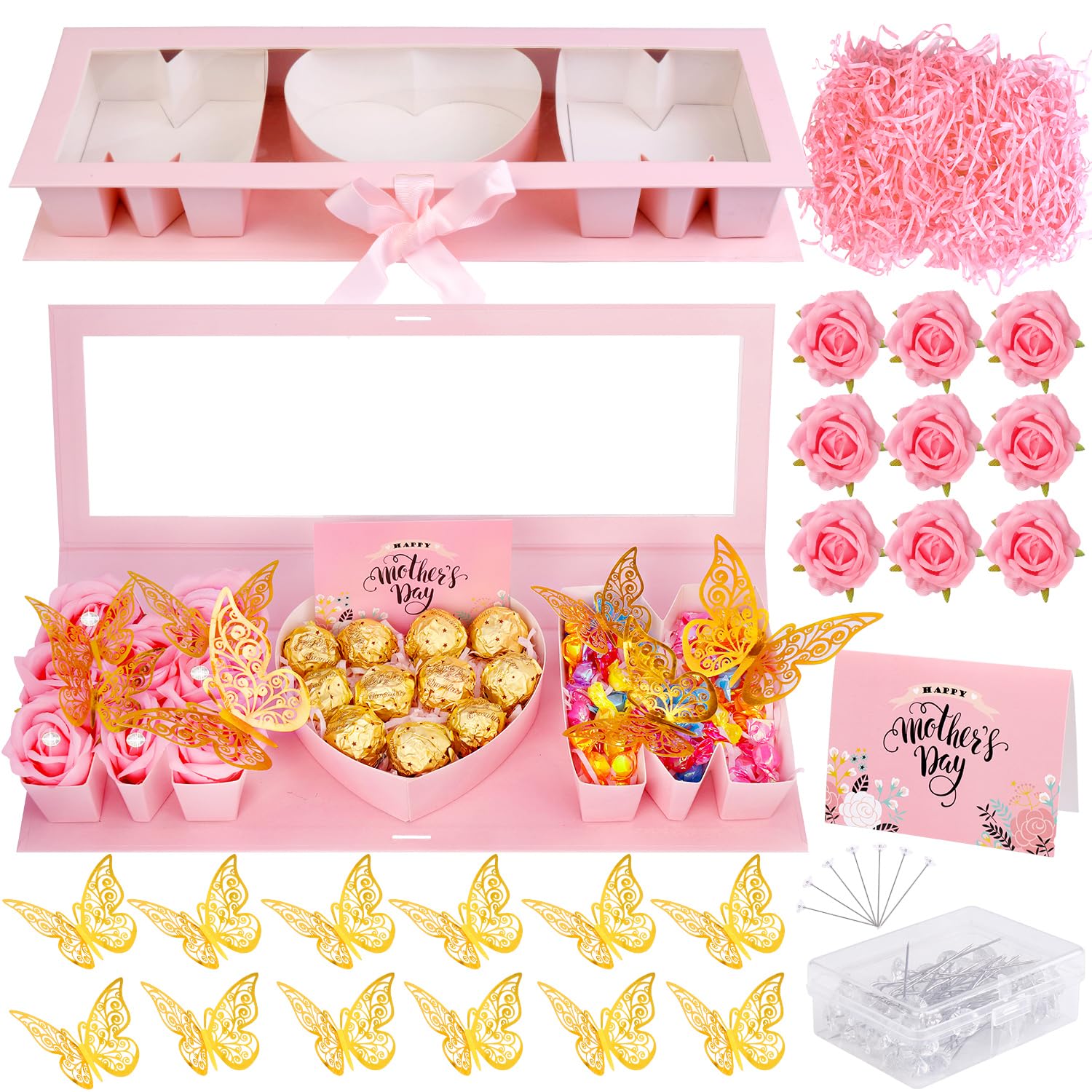 QAUYETM Empty Flower Gift Box for Mom Thicker Letter Shaped Fillable Gift Box with 10 Flowers 50 Bouquet Pins 12 Gold Decor Butterfly Raffia Paper Shreds A Card for DIY Mother's Day Birthday 1