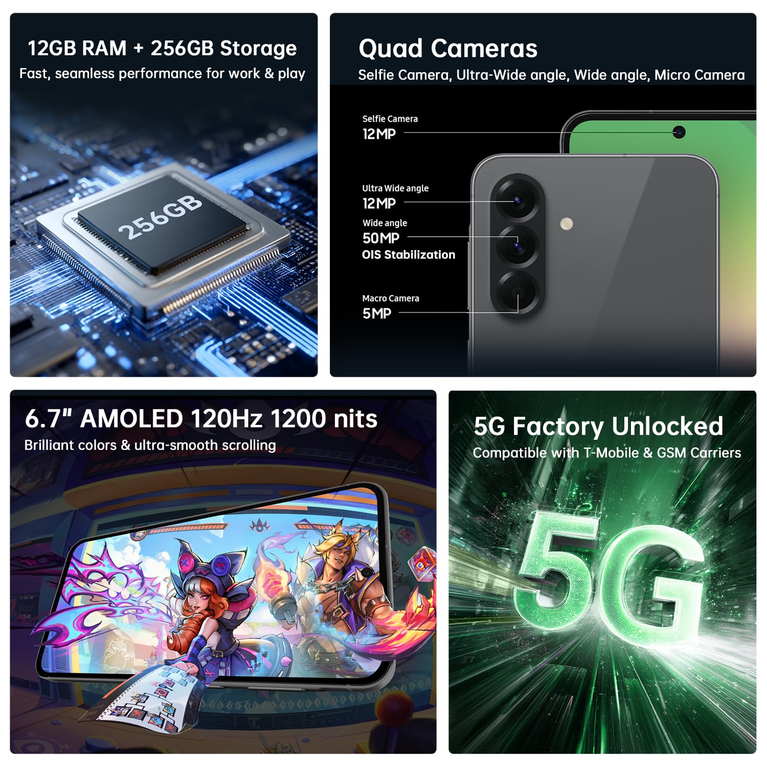 Samsung Galaxy A56 5G – 256GB Olive – International Unlocked – 6.7" 120Hz AMOLED, 50MP Triple Camera, 5000mAh Battery – Works with T-Mobile & AT&T (Verizon Limited) | Includes Fast Charger & Case 3