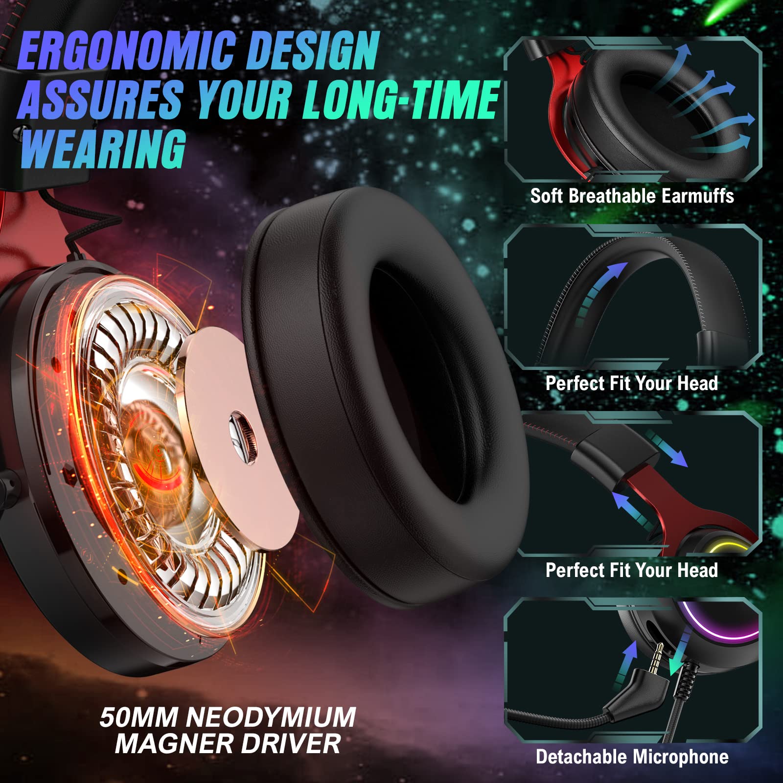 Ajsaki PS5 Gaming Headset with Microphone, PC Headset with Detachable Mic, Noise Cancelling Over-Ear Gaming Headphones with RGB LED Light, 7.1 Surround Sound for Nintendo Xbox One PS4 PS5 (Red) 4