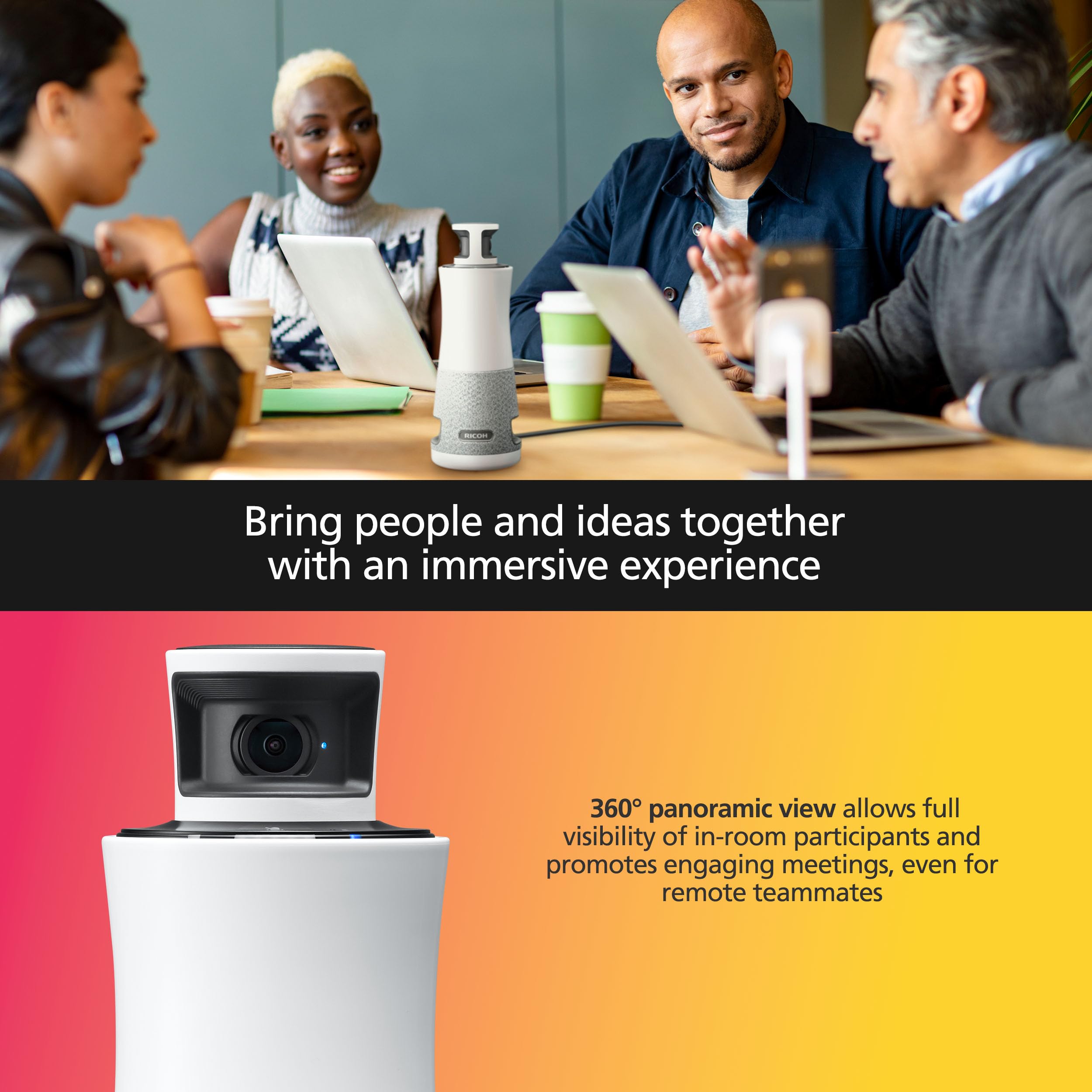 RICOH Meeting 360 3-in-1 Video Conferencing Device | 360 Degree Panoramic View with Active Speaker Detection & Focus | 3 Mics with Background Noise Reduction | 3X 8W Speakers | USB-C Bus Powered 3