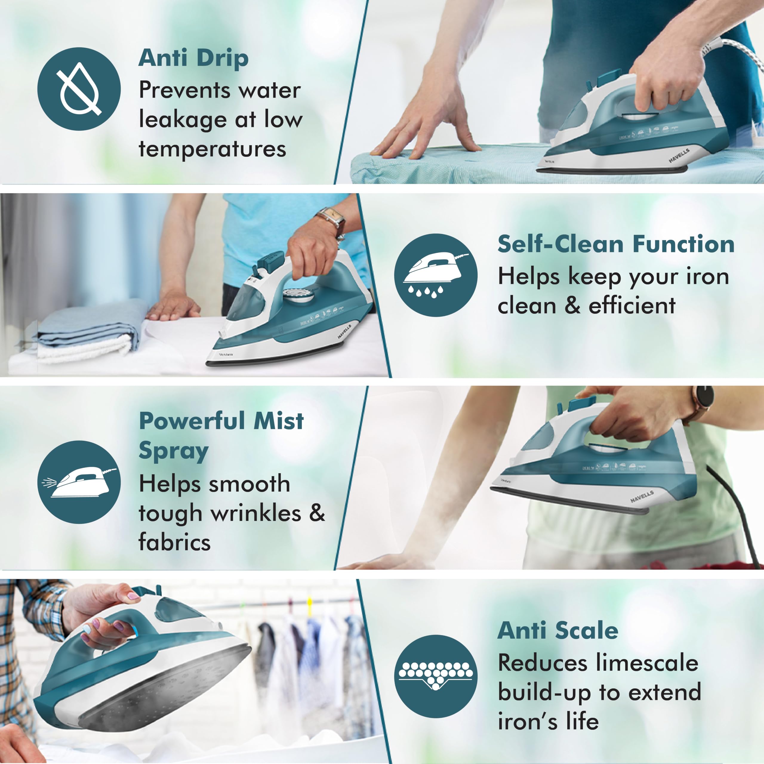 Havells Ventura 2000 Watt Steam Iron with Self Cleaning Function|Vertical & Horizontal Ironing|220 ml Tank for Longer Ironing|High Steaming Rate upto 15 gm/min|2Yr Manufacturer Warranty(Turquoise) 5