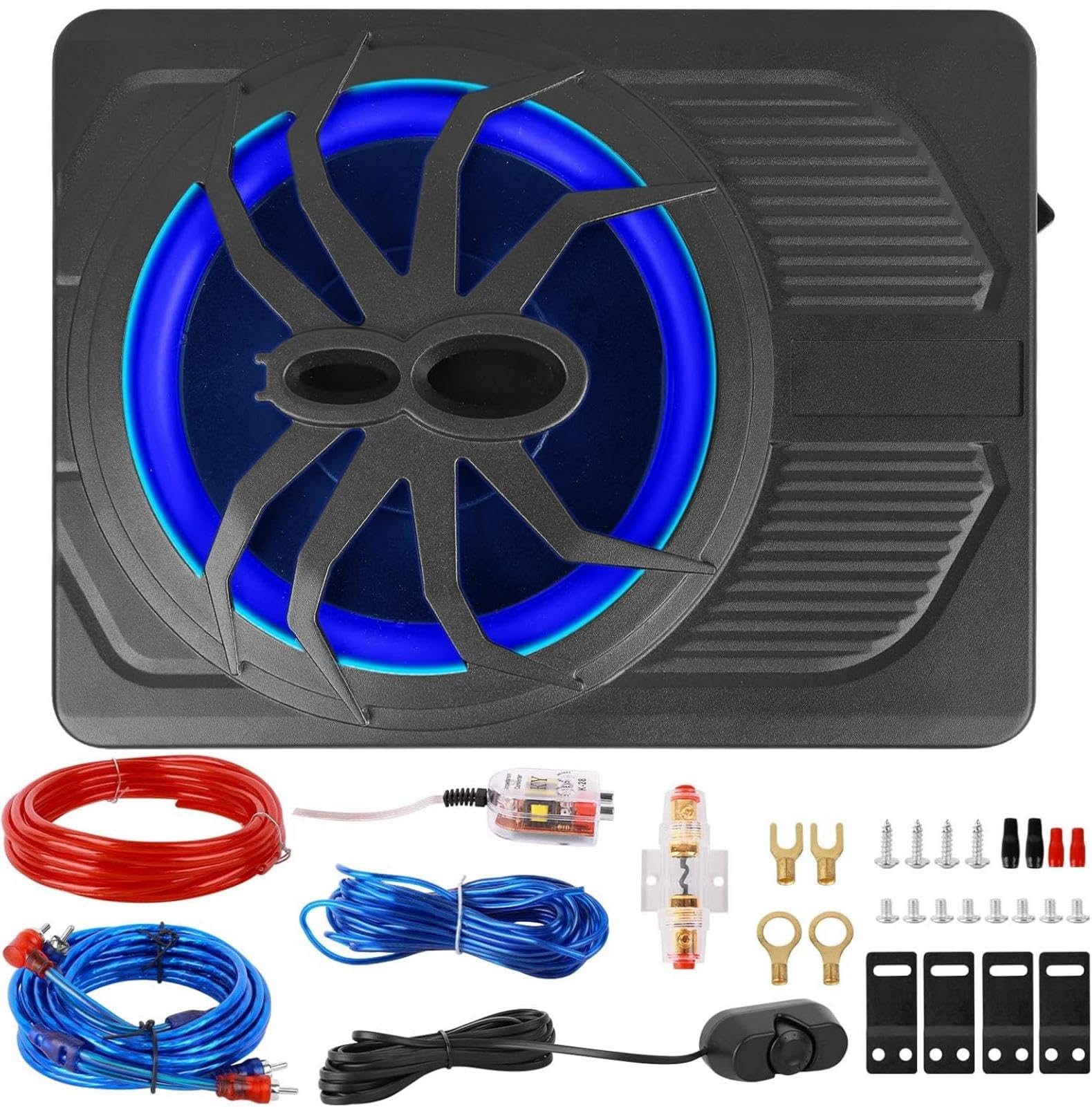 800W Ultra-Thin Underseat Subwoofer with Built-in Amplifier – Powerful Bass, 4 Ohm, 12V Blue LED Light for Car & Truck Audio, Easy Install & Deep Sound Boost 1