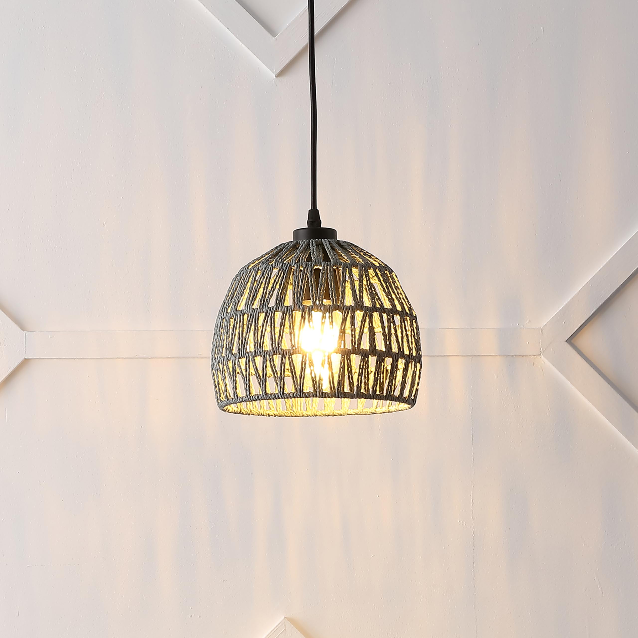 JONATHAN Y JYL6512D Campana 8.25" 1-Light Bohemian Modern Woven Rope/Iron LED Pendant Farmhouse, Coastal, Transitional, Kitchen, Living Room, Hallway, Bedroom, Dining Room, Gray 3