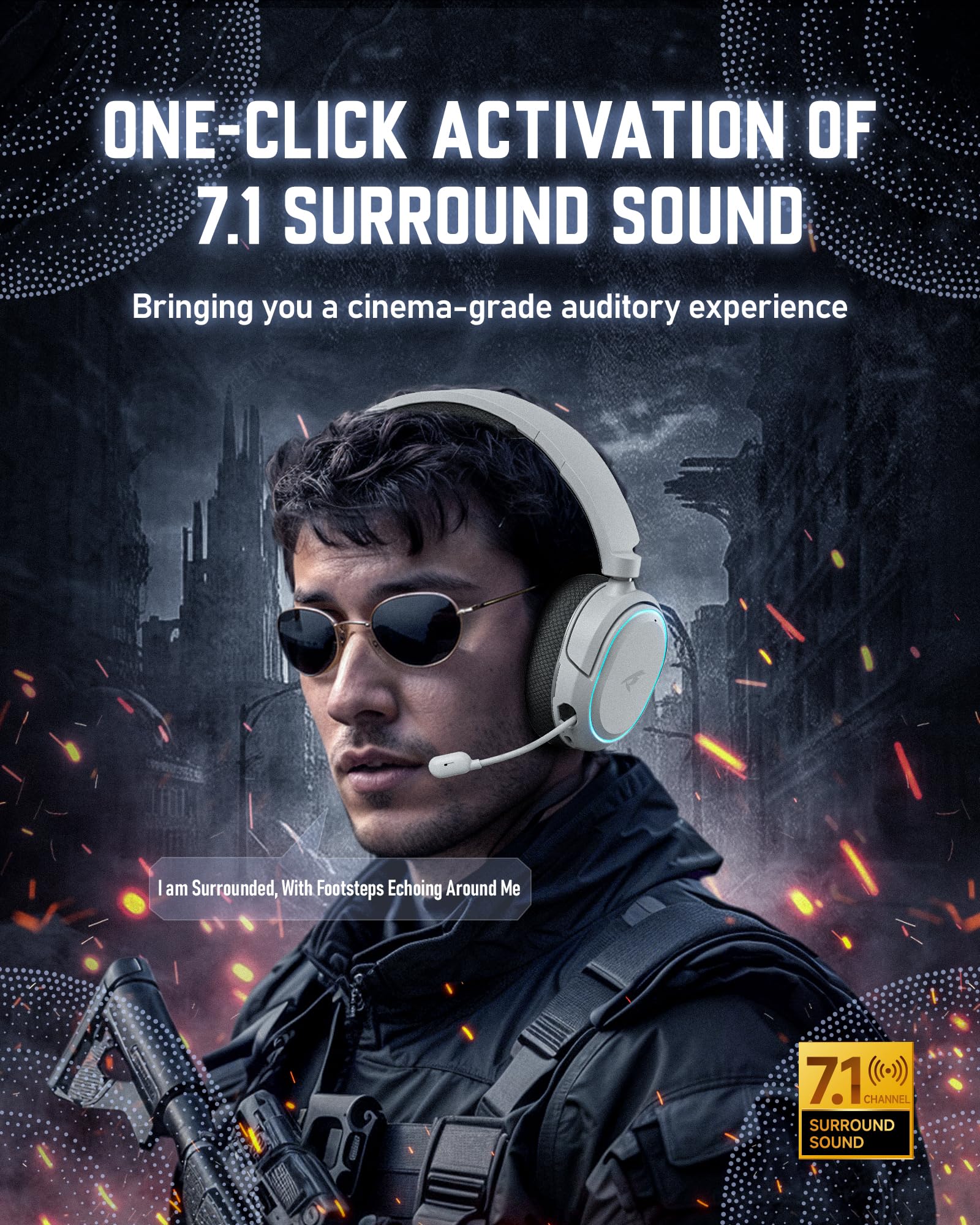 Wireless Gaming Headset, 7.1 Surround Sound, 2.4GHz USB Gaming Headphones with Bluetooth 5.4, 100H Battery, ENC Noise Canceling Mic, RGB Light, Wireless Headset for PC PS5 PS4 Mac Switch (Black-White) 3