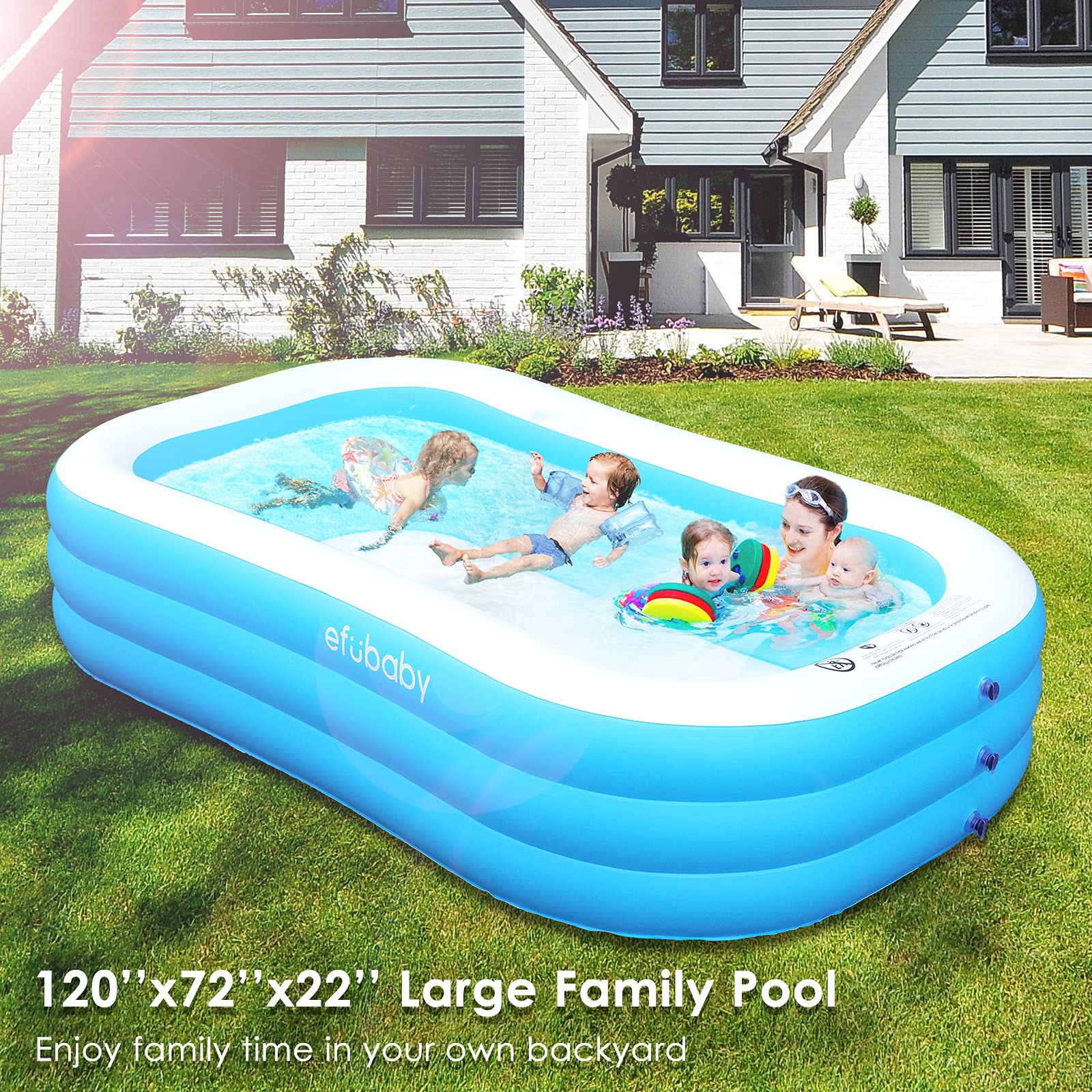 Inflatable Swimming Pool efubaby 120" X 72" X 22" Swimming Pools Blow up Pool Full Sized Inflatable Pools Toddler Pool Family Pool for Adults Kids Age 3 +Pool for Backyard Pools Kiddie Pool Light Blue 3