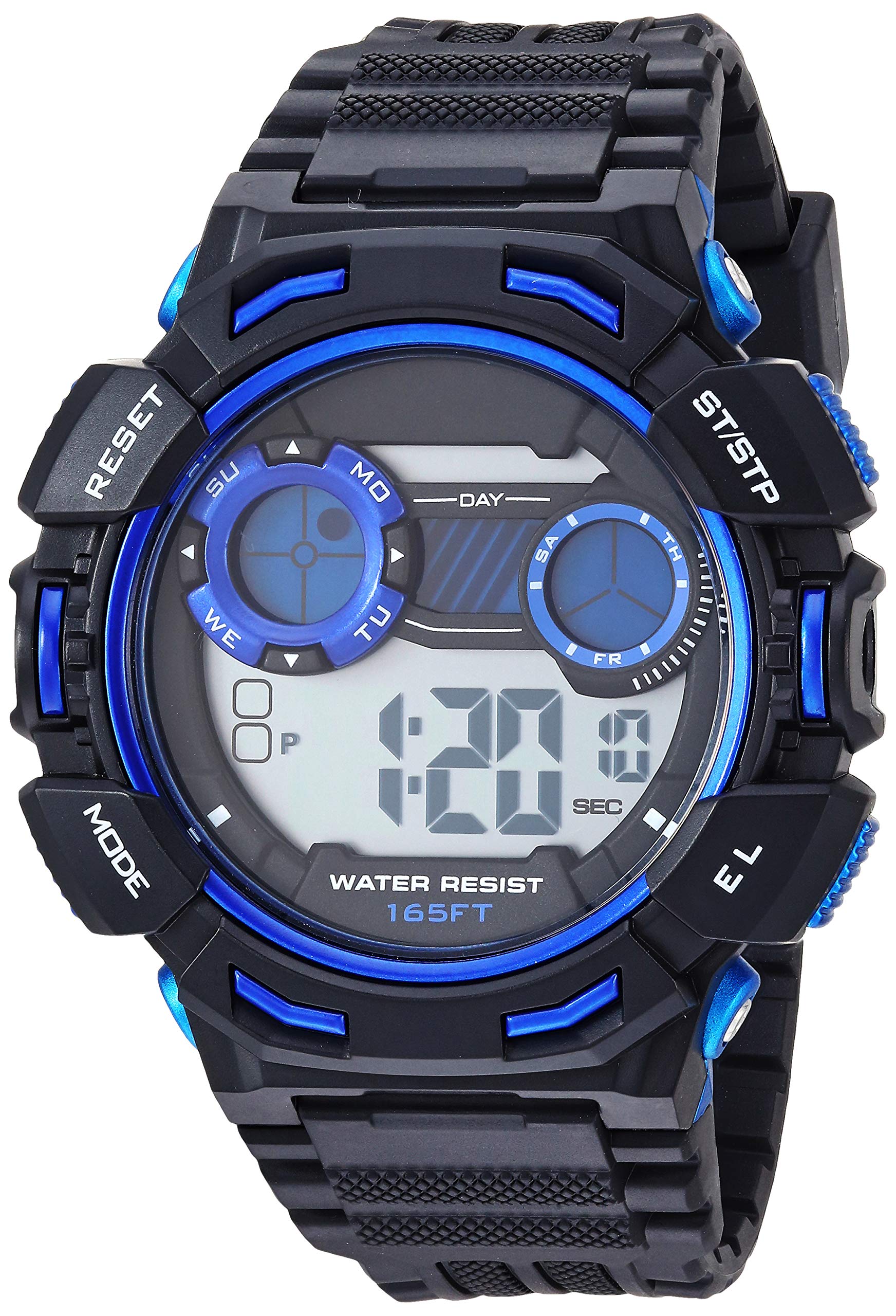 Amazon Essentials Men's Blue Accented Digital Chronograph Black Resin Strap Watch 1