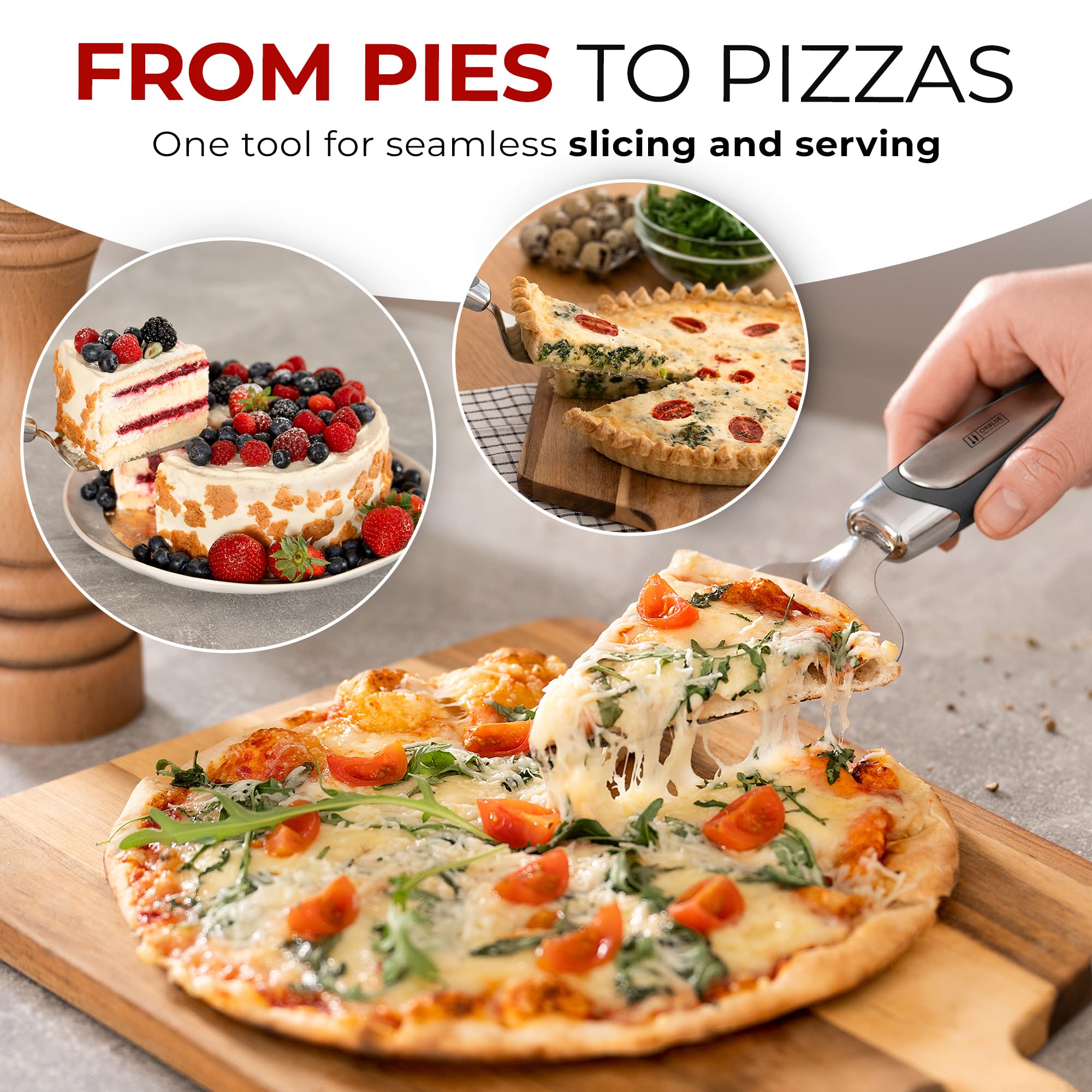 Orblue Pie Server, Essential Kitchen Tool, Serrated on Both Sides, Great for Right or Left Handed Chef, Stainless Steel Flatware, Cake Cutter, Gray 4