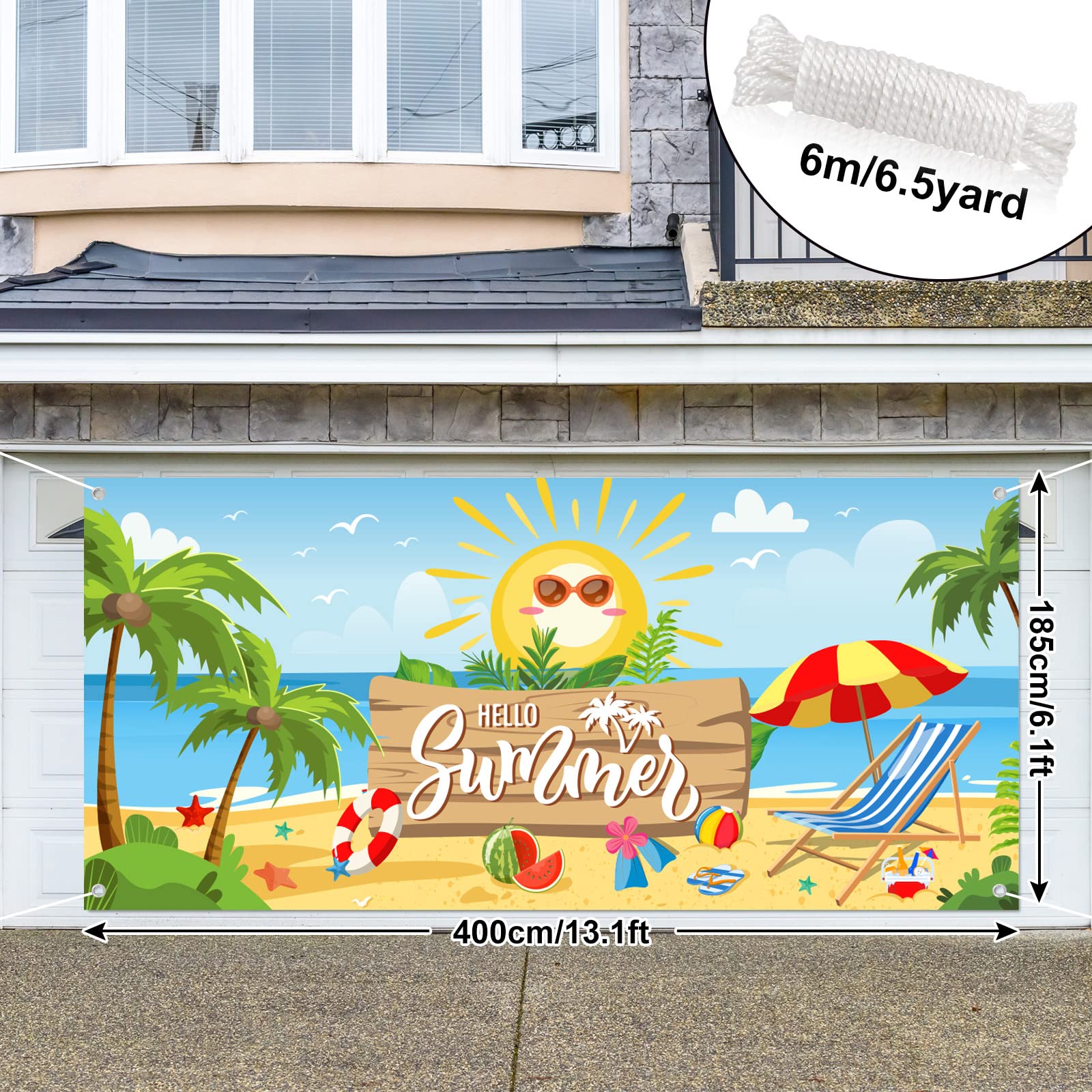 Whaline Hello Summer Garage Door Banner Beach Scenery Garage Door Cover 6x13Ft Summer Backdrop Decoration for Hawaiian Pool Party Indoor Outdoor Wall Door House Background Decor 2