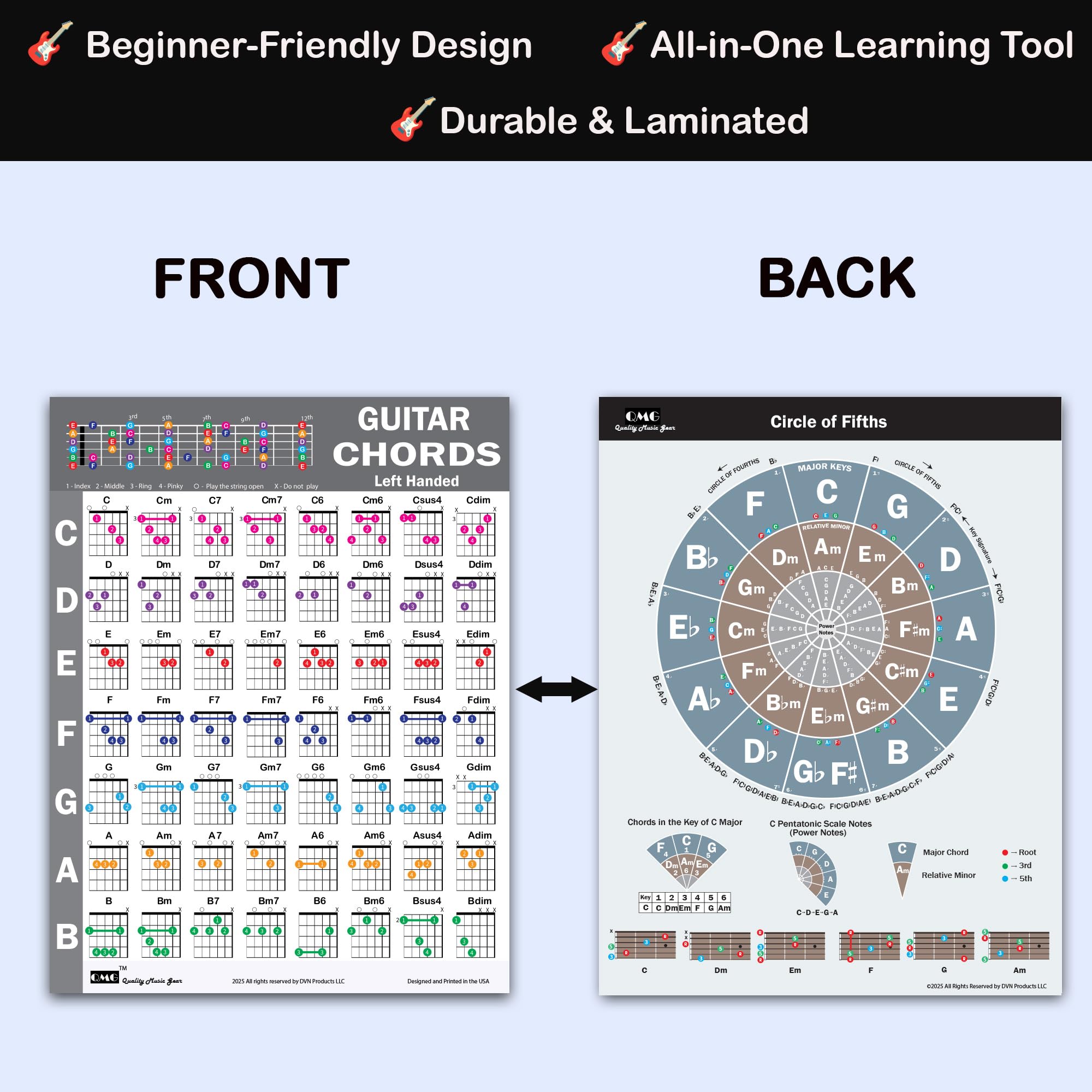 QMG Left Handed Guitar Chords Cheatsheet and Circle of Fifths Chart – Laminated A4 Music Theory Chart for Beginners 5