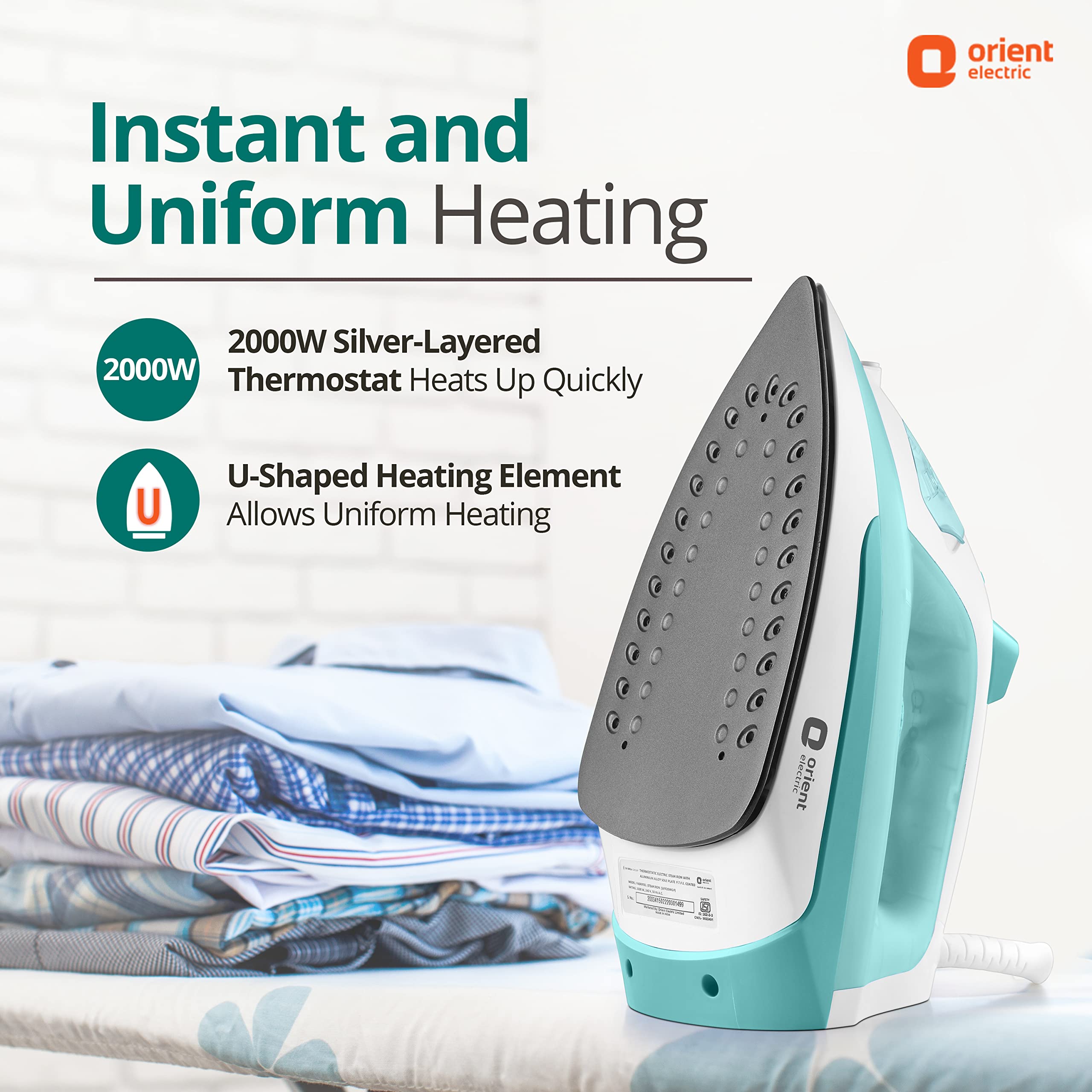 Orient Electric Fabrifeel | 2000W Steam iron (Press)| Non-stick Soleplate | 360-degree swivel cord| U-shaped heating element| Vertical & Horizontal Ironing| | ISI certified | 2-year warranty 3
