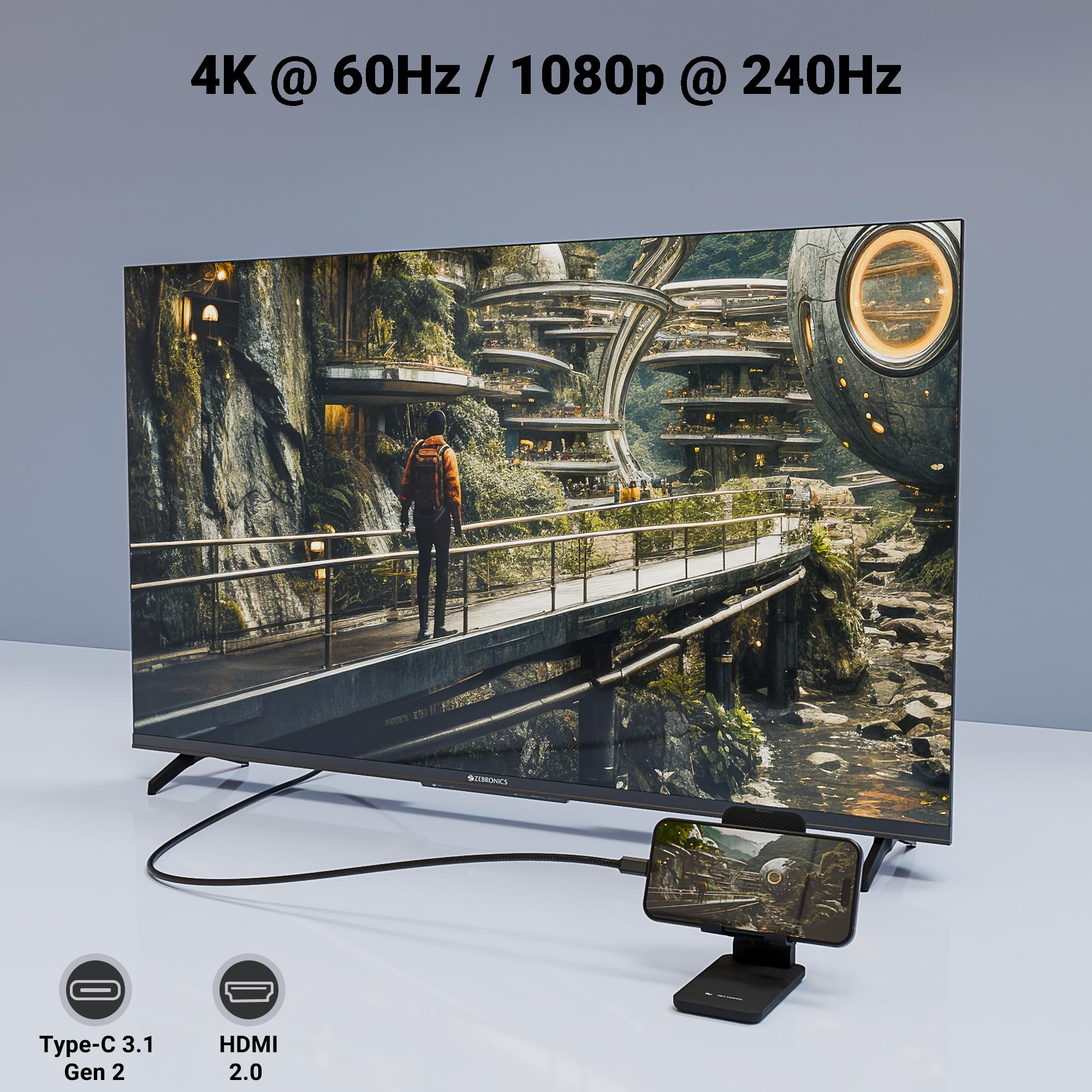 Zebronics Type C to HDMI Cable, 4K @ 60Hz | 1080p @ 240Hz, 18Gbps Data Transfer, 3D Compatible, 1M (3.2ft) Braided Cable, for Laptop, Mobile, iPad Pro, MacBook, Chromebook, TV (CHA20) 3