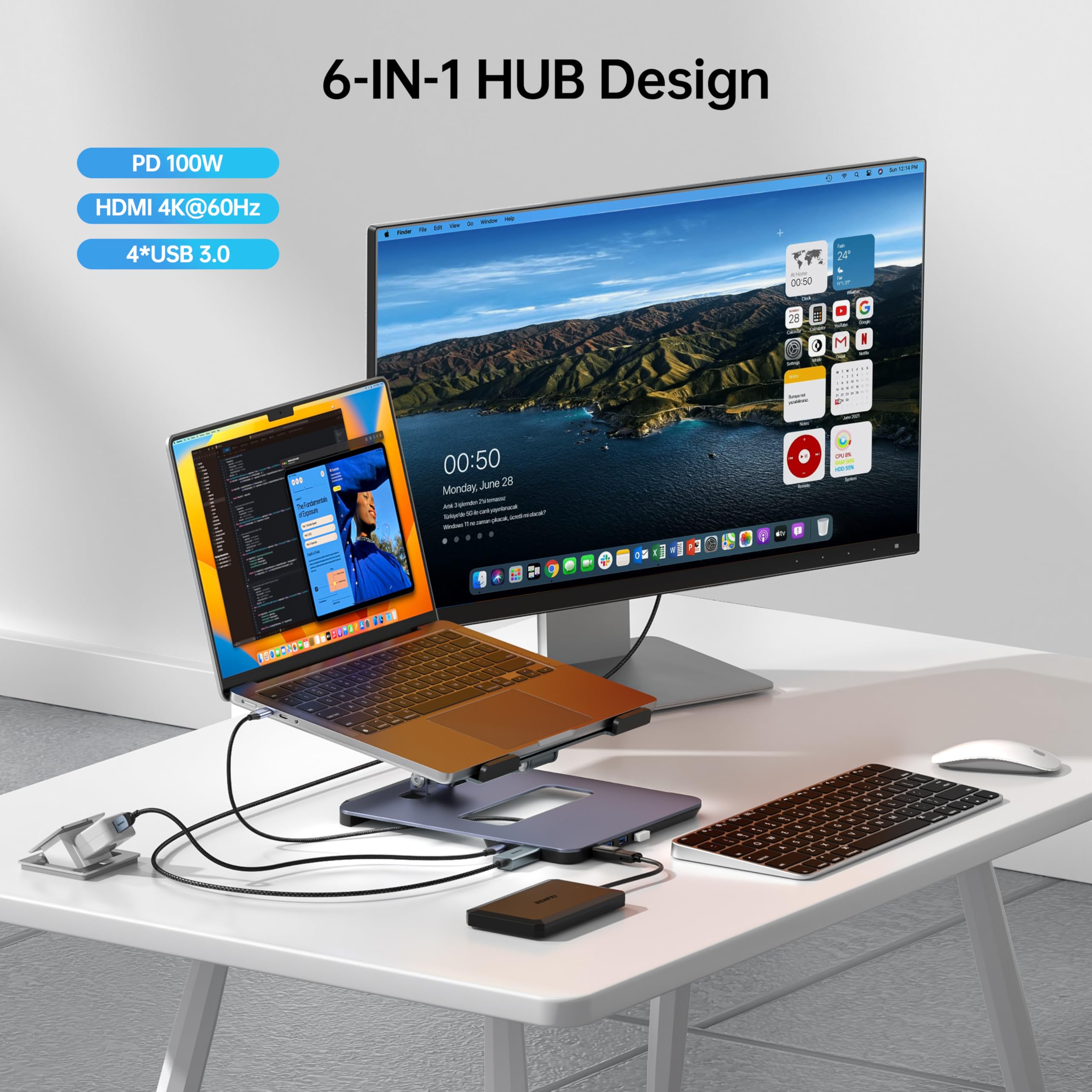 BENFEI Laptop Stand with USB C 6in1 Docking Station, HDMI 4K@60Hz, 4*USB3.0, 100W PD Compatible with MacBook Pro/Air, iPad Pro, XPS, Thinkpad 3