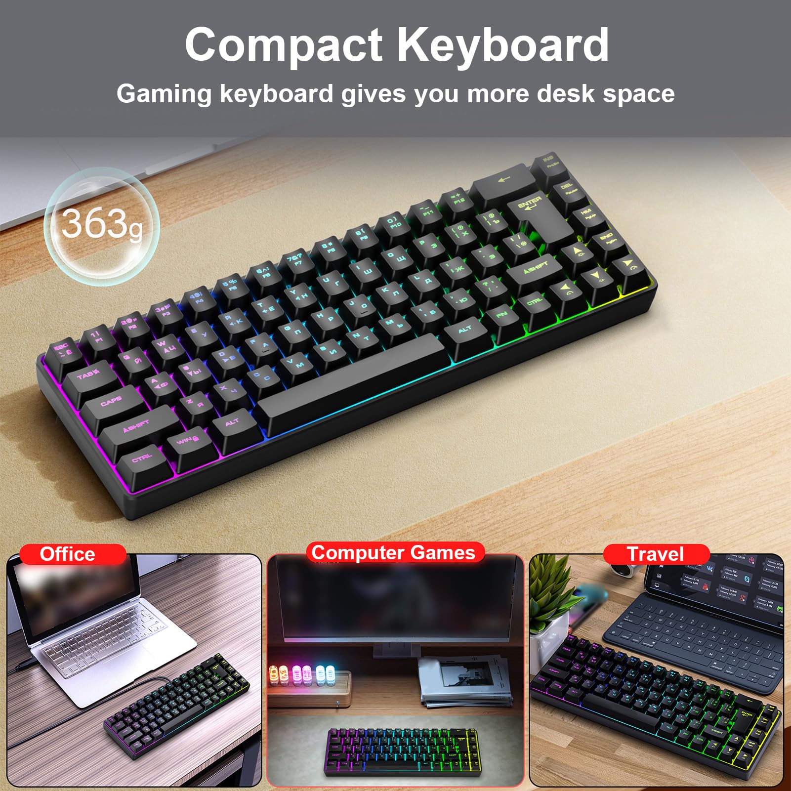 Asixxsix RGB LED Backlit Mechanical Gaming Keyboard with Russian English, 68 Key Ergonomic Wired Mechanical Keyboard for Home and Office Keyboards, Computer Keyboards (Black) 5