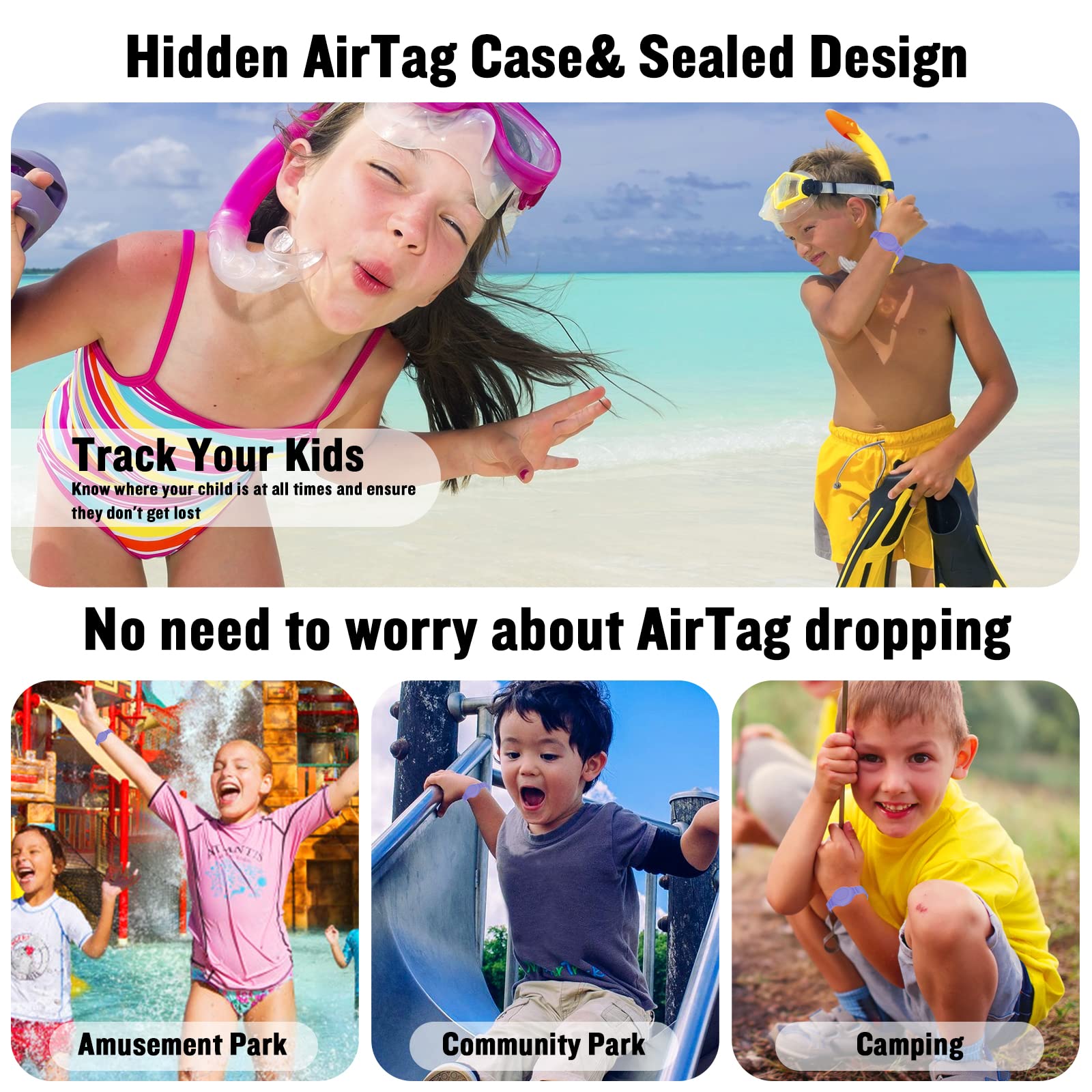 KAHADI 4 Pack Waterproof AirTag Bracelet for Kids, Hidden Silicone Wristband for AirTag, GPS Tracker Case for Air Tag Holder Strap Watch Band for Child Toddler, Secure Anti-Loss Protection 6