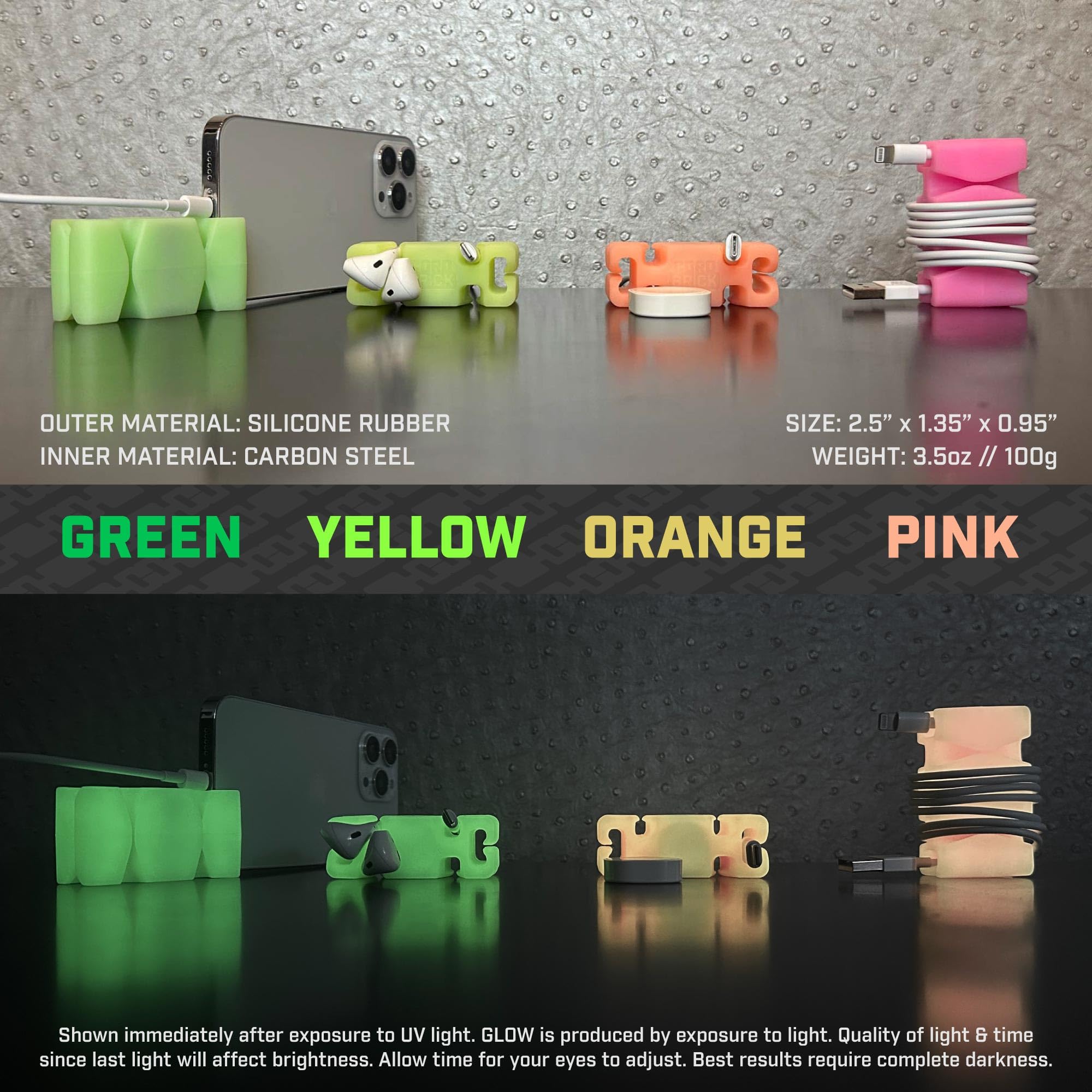 CordBrick GlowBrick, Weighted Cord Holder for Nightstand - Phone Charger Cable Management for Travel, Phone Accessory, Stocking Stuffers for Adults - Multipurpose Gift, Office, Silicone, Yellow 4