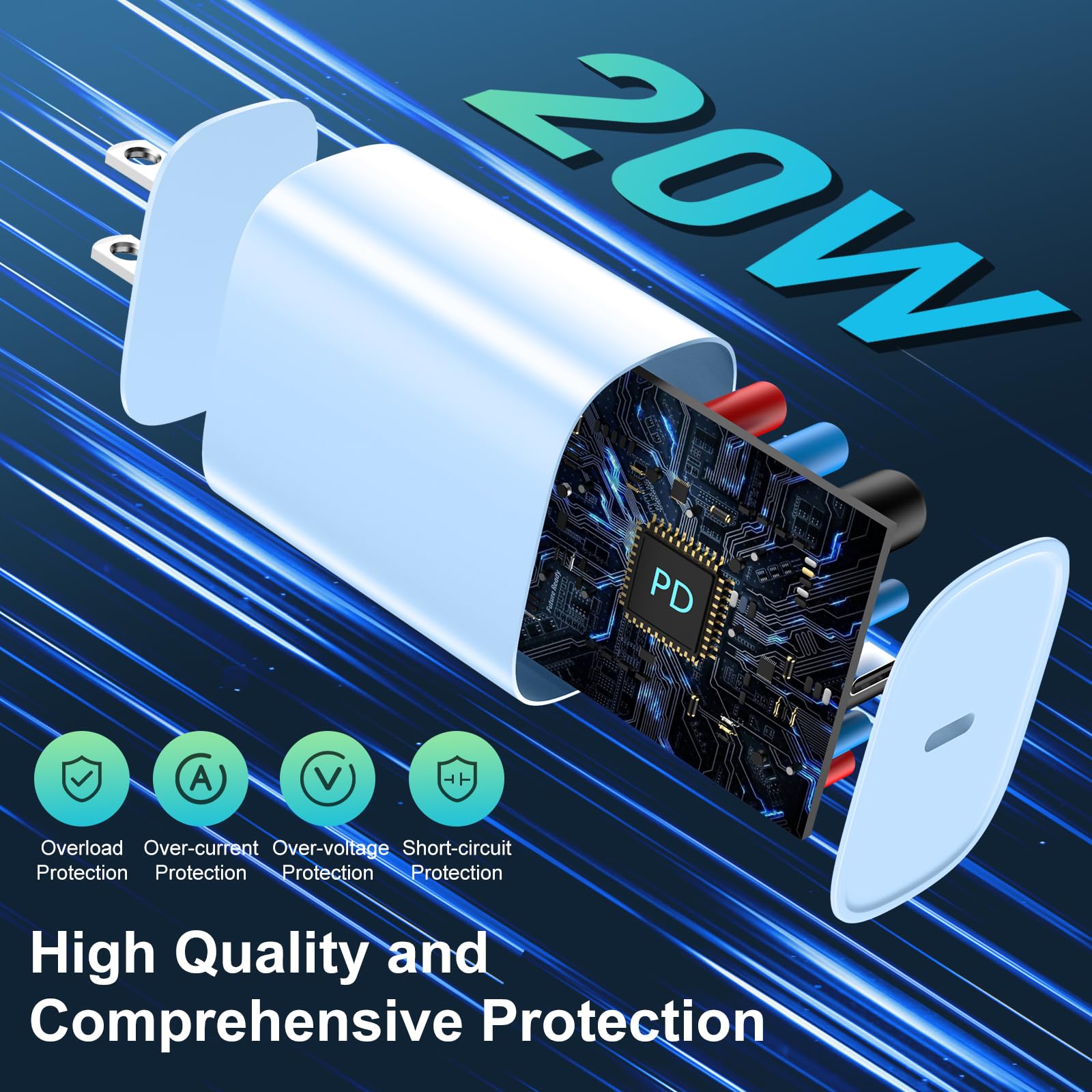 DiHines Phone 14 13 12 11 Fast Charger,6FT Long Fast Charging Lightning Cable with 20W USB C Charger Block for Phone 14/14 Pro Max/13/13 Pro Max/12/12 Pro Max/11/11Pro/XS/Max/XR/X,Pad,Blue 5