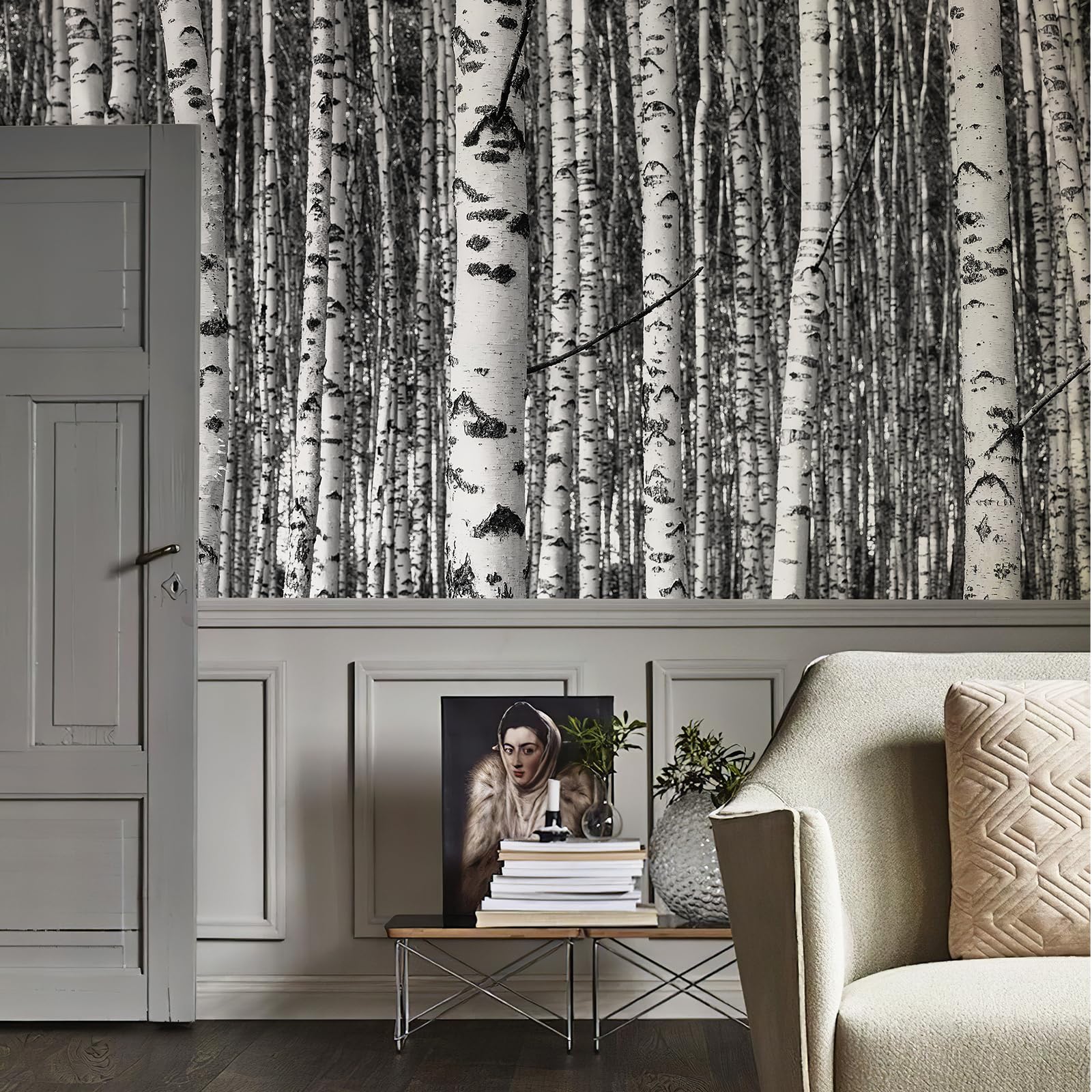 Peel and Stick Wallpaper Mural Birch Trees Nature Forest Wall Mural (148"x 98") Large 3D Murals Home Decor for Bedroom Livingroom Backdrop Black and White Wall Covering Poste 5