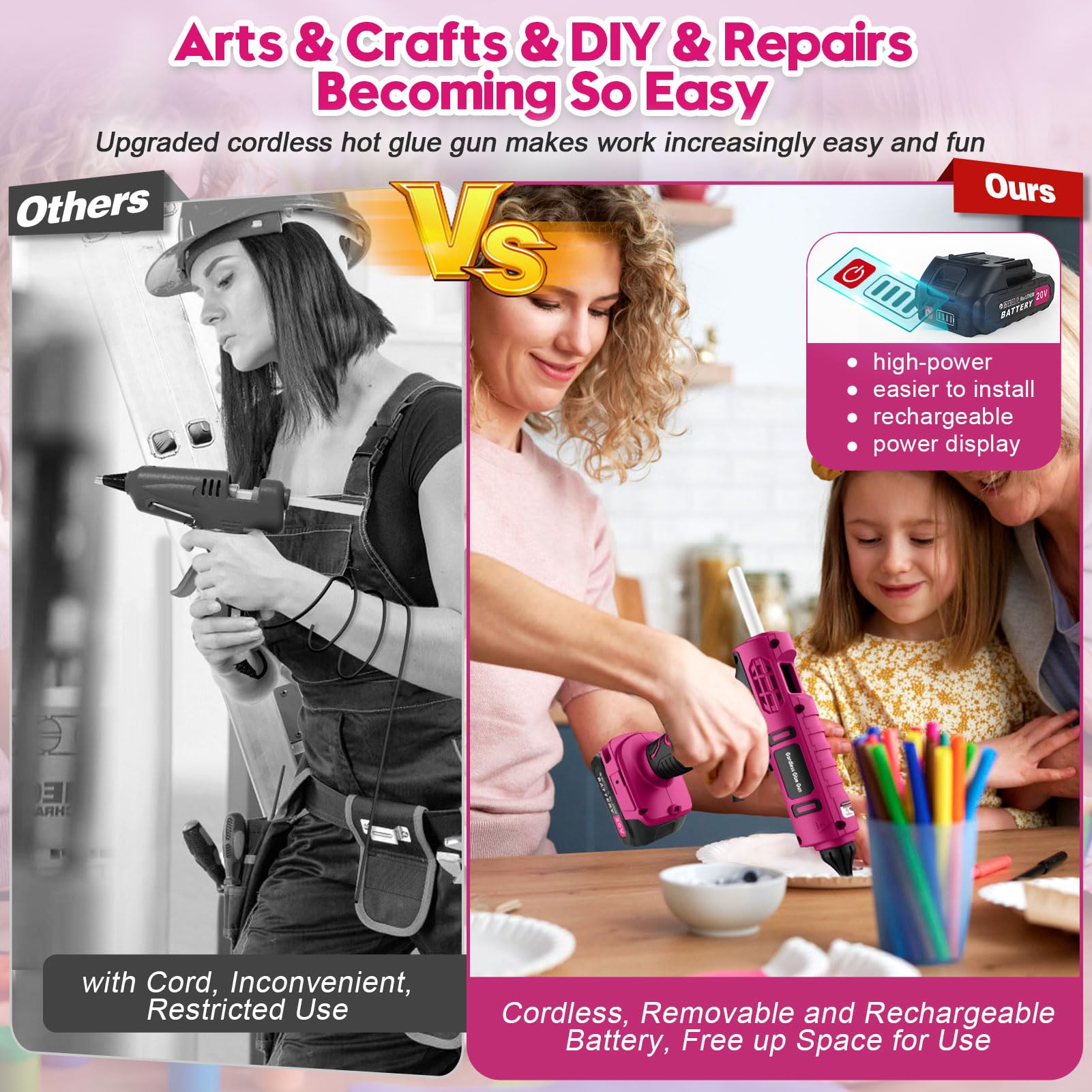 100W Cordless Hot Glue Gun Cordless & Rechargeable(Battery Included), 20V Pink Full Size Hot Glue Gun Kit with Charger, Wireless Hot Glue Gun Sticks Set with 12pcs 0.43'' Glue Sticks for Crafts & DIY 4