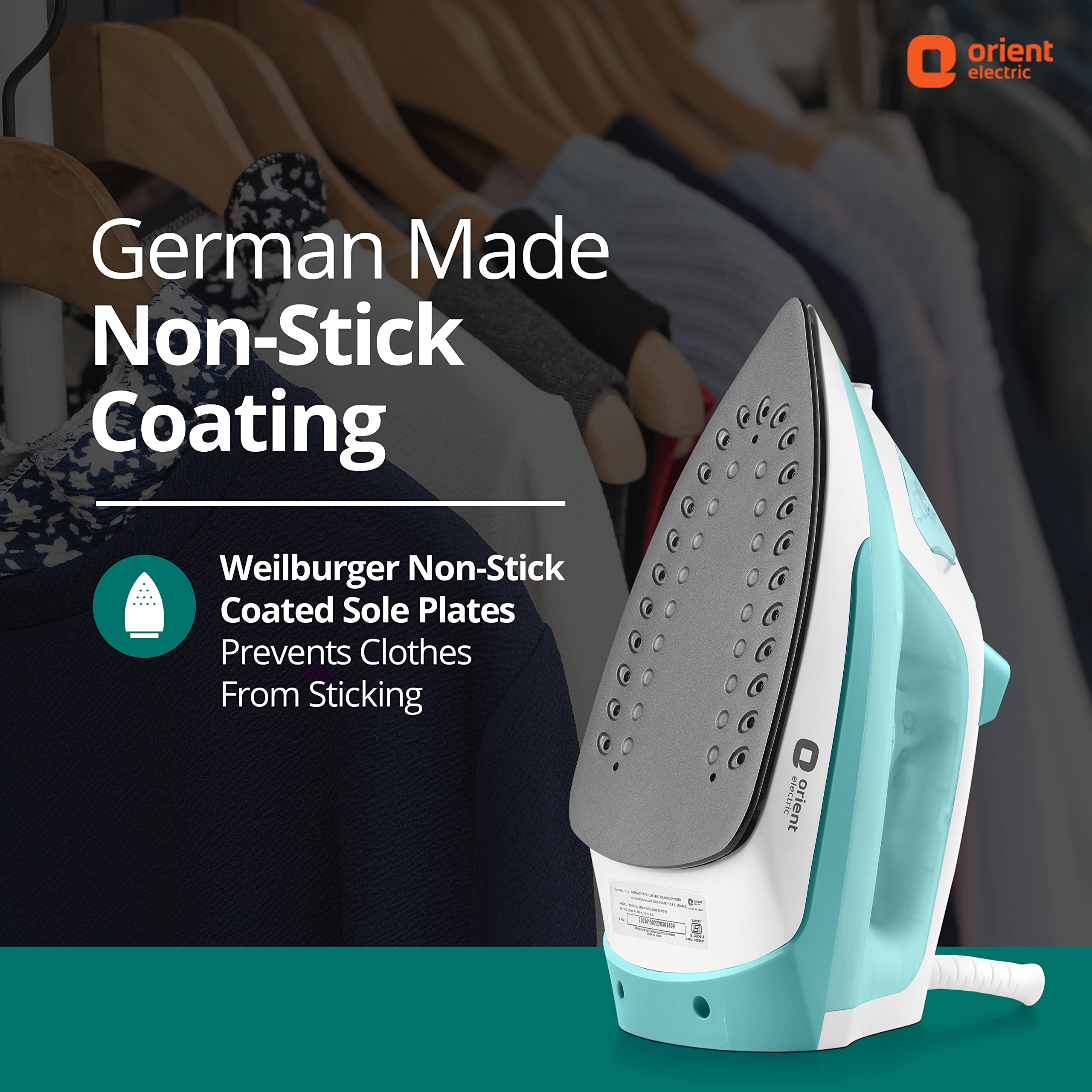 Orient Electric Fabrifeel | 2000W Steam iron (Press)| Non-stick Soleplate | 360-degree swivel cord| U-shaped heating element| Vertical & Horizontal Ironing| | ISI certified | 2-year warranty 4