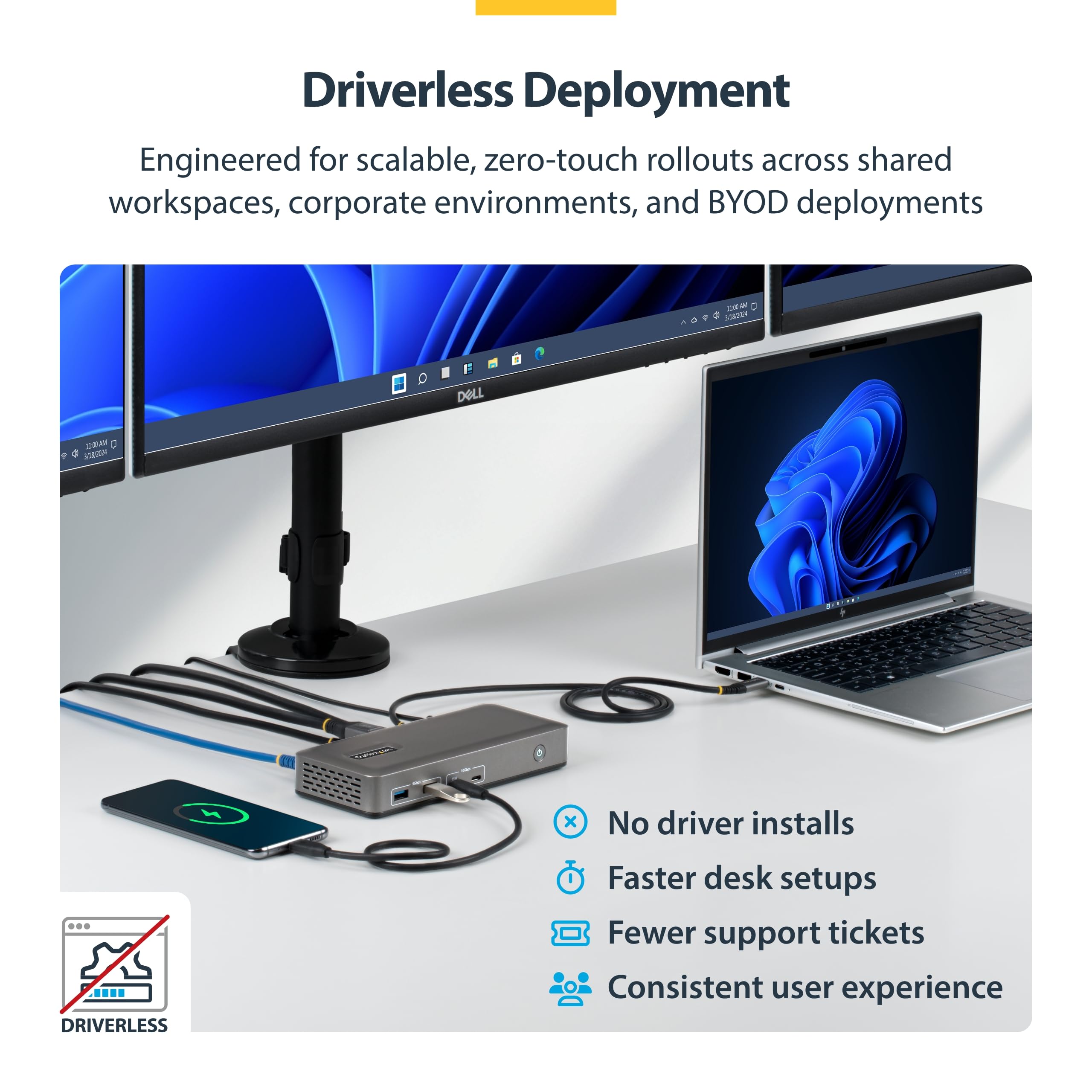 StarTech.com USB-C Docking Station Triple 4K 60Hz Displays, 100W Power Delivery, 6 USB Ports (10Gbps), Gigabit Ethernet, DisplayPort + HDMI, Driverless Windows Laptop Dock (199N-USBC-DOCK) 6
