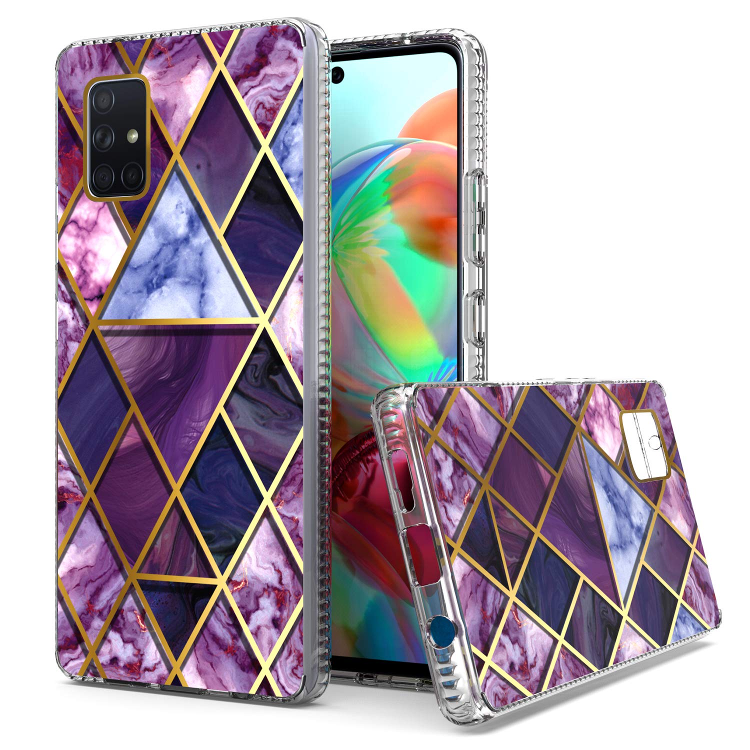 KWEICASE Cell Phone Case for Samsung Galaxy A71 5G (Not for UW & Not for 4G), Heavy Duty Hybrid Case with Geometric Diamond Purple Marble Design, Shockproof Bumper Protective Case Cover