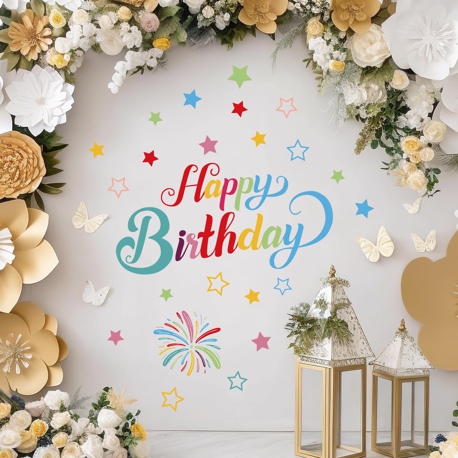 Memorywuu Happy Birthday Sign for Arch Backdrop with Fireworks and Star Happy Birthday Party Vinyl Decal Large Happy Birthday Backdrop Sticker for Balloon Arch Wall Decor (Rainbow Color) 5