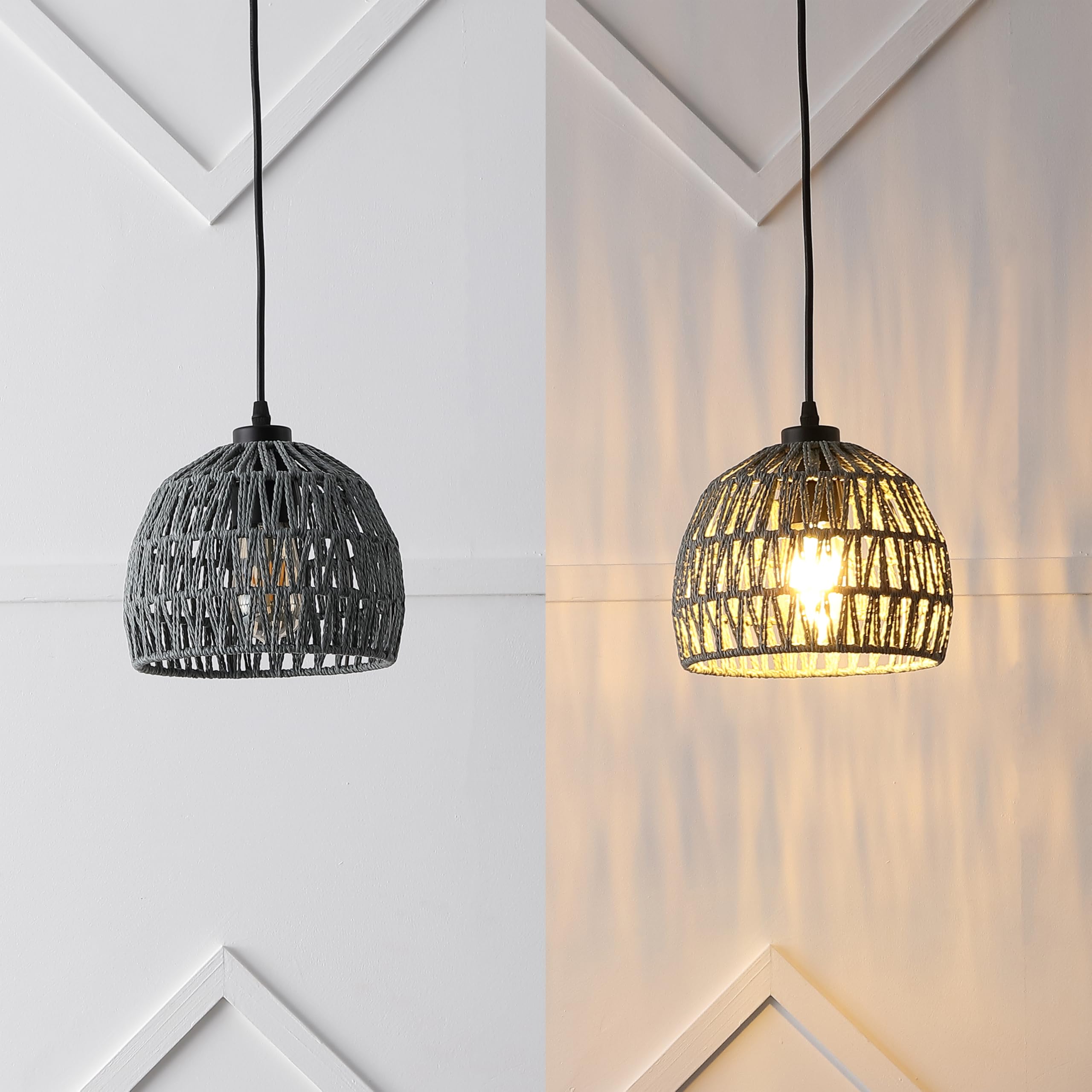 JONATHAN Y JYL6512D Campana 8.25" 1-Light Bohemian Modern Woven Rope/Iron LED Pendant Farmhouse, Coastal, Transitional, Kitchen, Living Room, Hallway, Bedroom, Dining Room, Gray 6