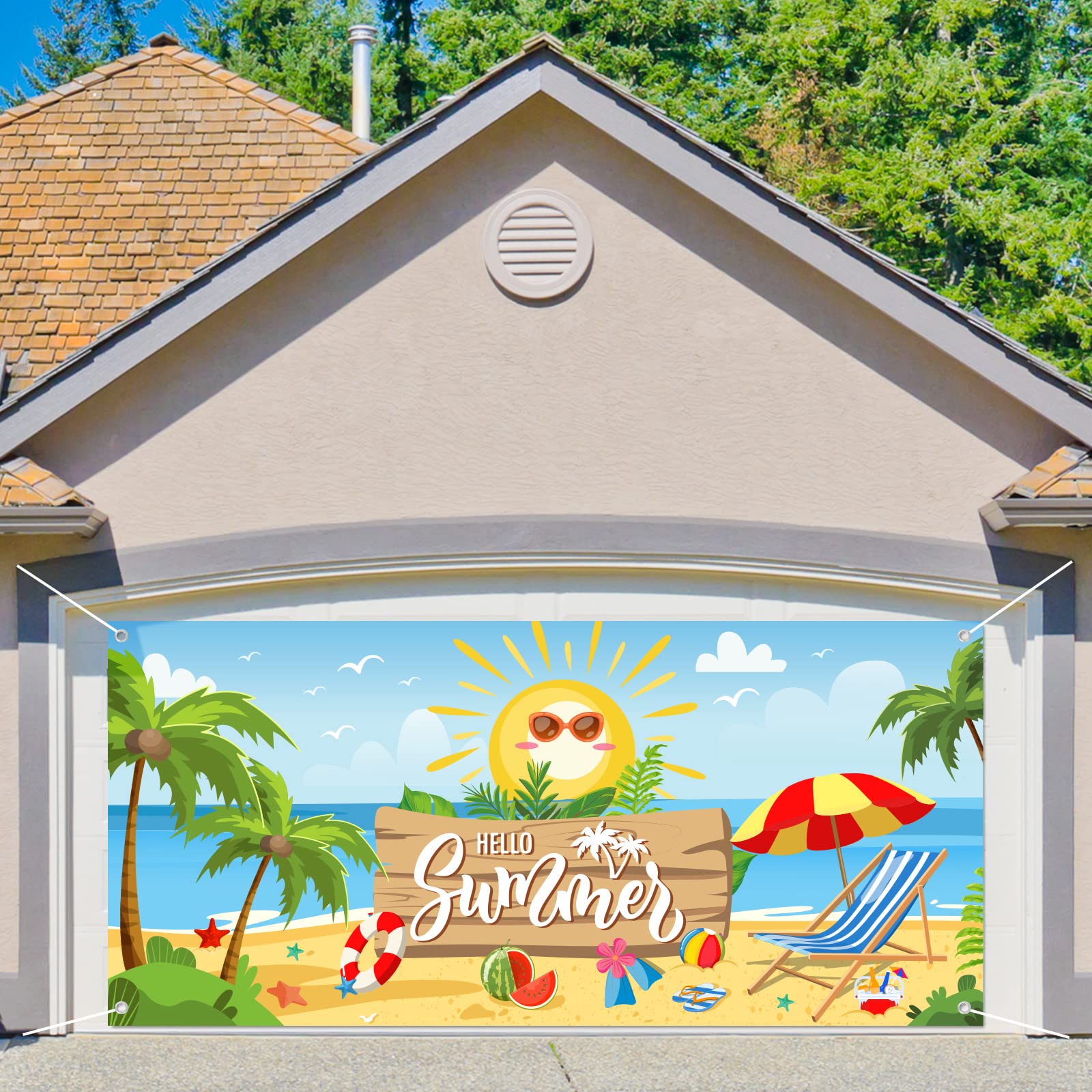 Whaline Hello Summer Garage Door Banner Beach Scenery Garage Door Cover 6x13Ft Summer Backdrop Decoration for Hawaiian Pool Party Indoor Outdoor Wall Door House Background Decor 1